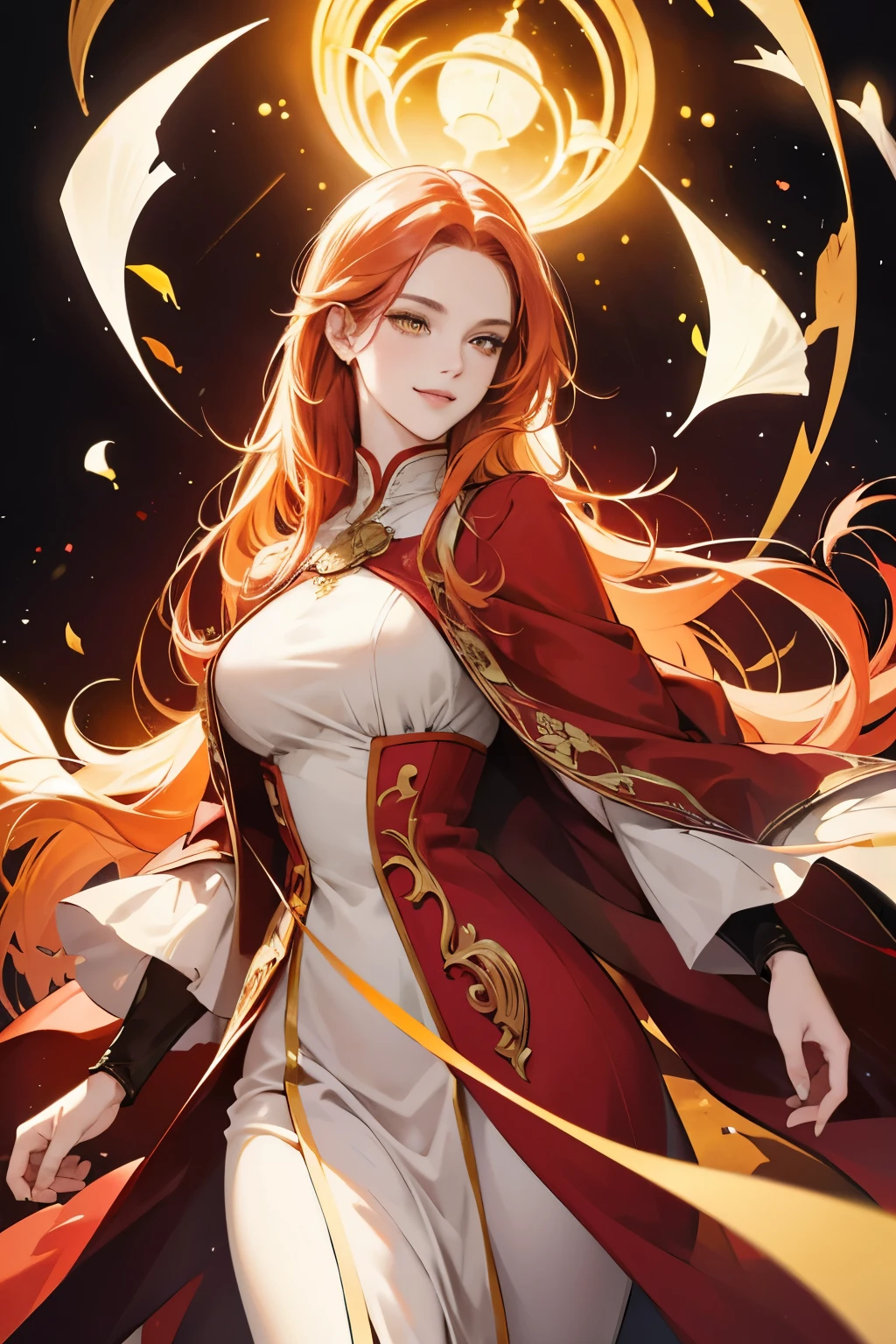 (absurd, high resolution), (panorama), a woman, mature, beautiful, tall,, exquisite, yellow eyes, pale red hair, wearing noble clothes, red clothes, serene expression, solo character, smile, magical, use magic, sexy, elegant