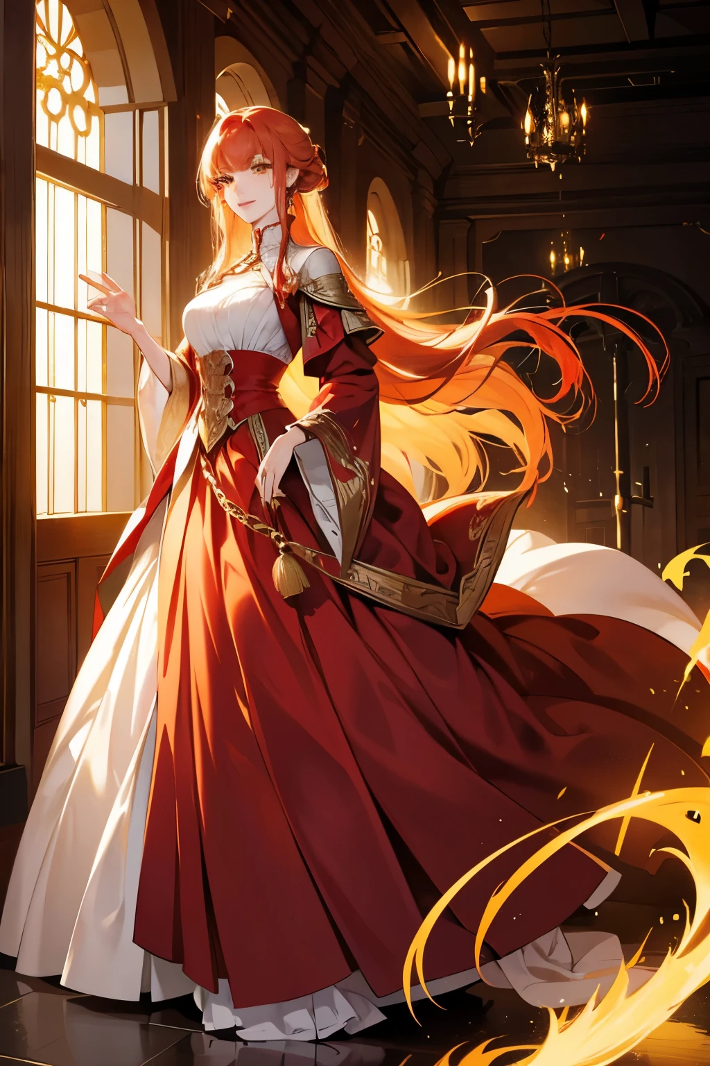 (absurd, high resolution), (panorama), a woman, mature, beautiful, tall,, exquisite, yellow eyes, pale red hair, wearing noble clothes, red clothes, serene expression, solo character, smile, magical, use magic, sexy, elegant