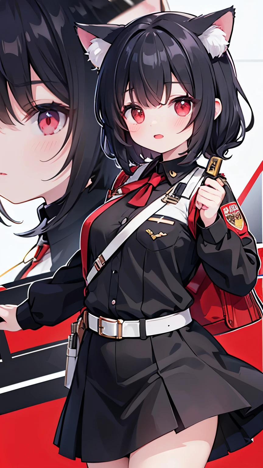 Black hair,Cat-eared girl,red eyes,Officer uniform
