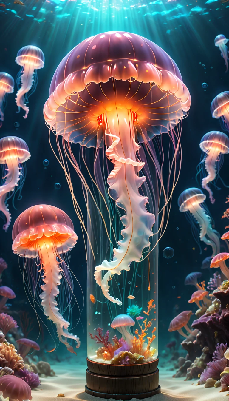 best quality,4k,8k,high resolution,masterpiece:1.2,Super detailed,actual:1.37,flashing lights,The enchanting depths of the ocean,magical atmosphere,Stunning underwater views,rich and colorful,Sparkling jellyfish,Charming Jellyfish,The loneliness of the deep sea,luminescent,fluorescence,A fantasy world where magic is cast like magic,bottle filled with luminescent liquid,ethereal atmosphere