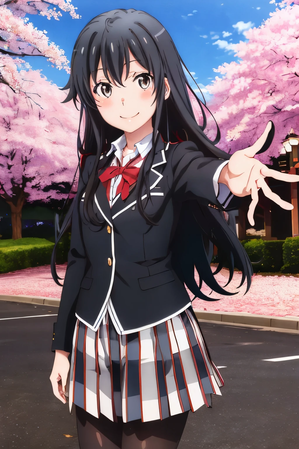 masterpiece, best quality, highres, hmochako, yukinoshita yukino , blush stickers, long hair, medium breasts. school uniform, skirt, pleated skirt, red necktiblack hair pantyhose, white shirt, long sleeves, black jacket, reaching out, smile, cherry blossoms, outdoors, cowboy shot, medium breasts