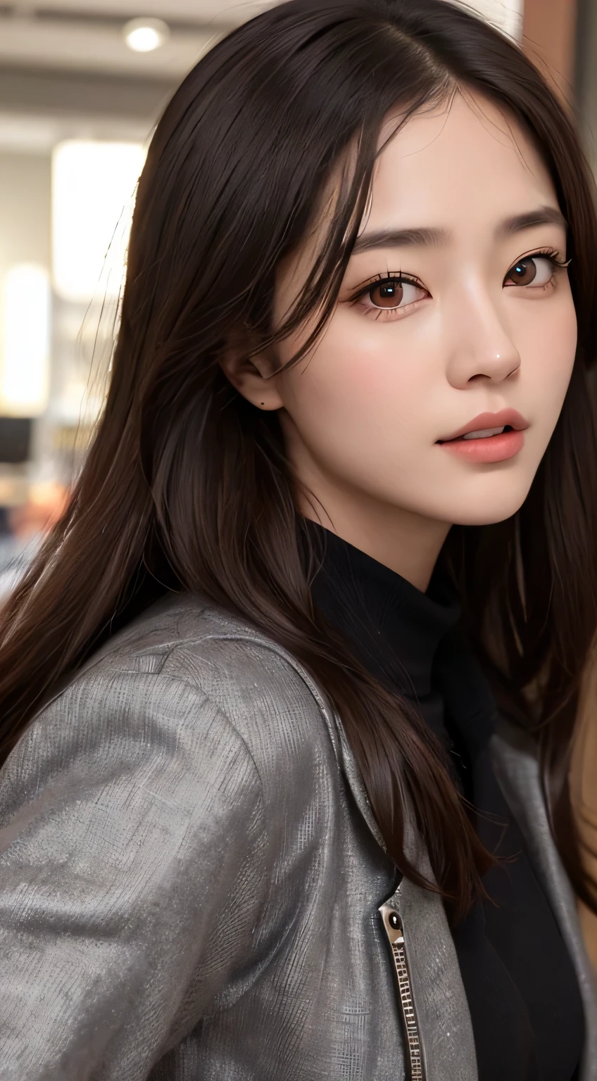 intense realism，（highest quality，4k，masterpiece：1.3），Beautiful woman，1 girl，dark brown hair：1.1,super detailed face，lip details，detailed eye，double eyelid、big black eyes、laughter、long hair、winter、company employee、Down jacket