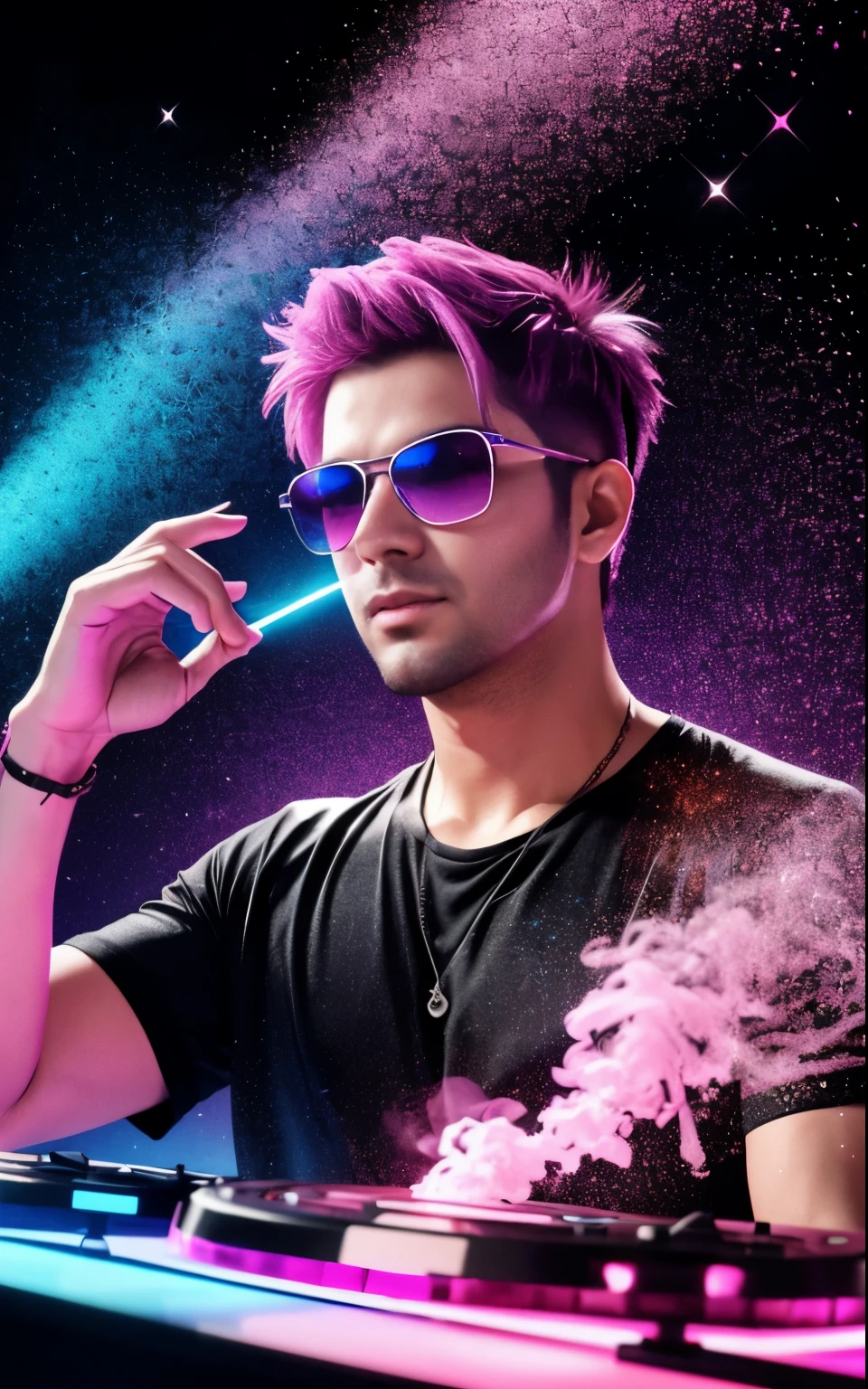 30 years old man DJ upper body in frame, black shirt in sunglasses with purple frames and rose-colored glass illuminated by colored lights photorealistic background bright colors Luminous neon pink and neon blue glitter dust background with pink and blue smoke vapor