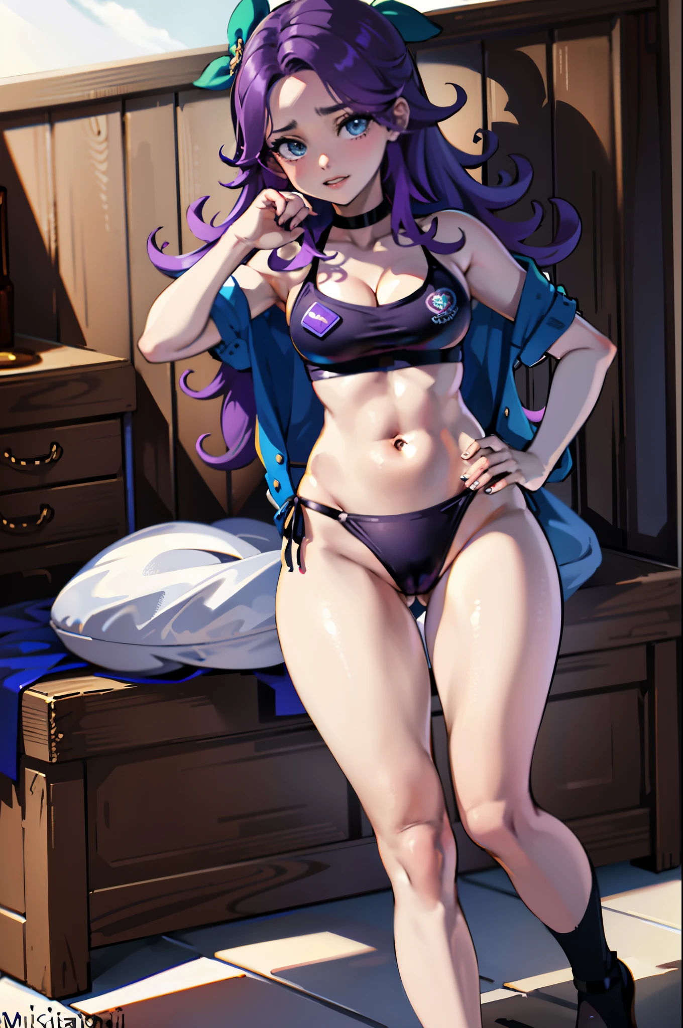 (masterpiece, top quality, best quality),1girl,full body, Abigail, purple hair, bow, bikini, medium breasts, cleavage, midriff, woman, 20 years old,