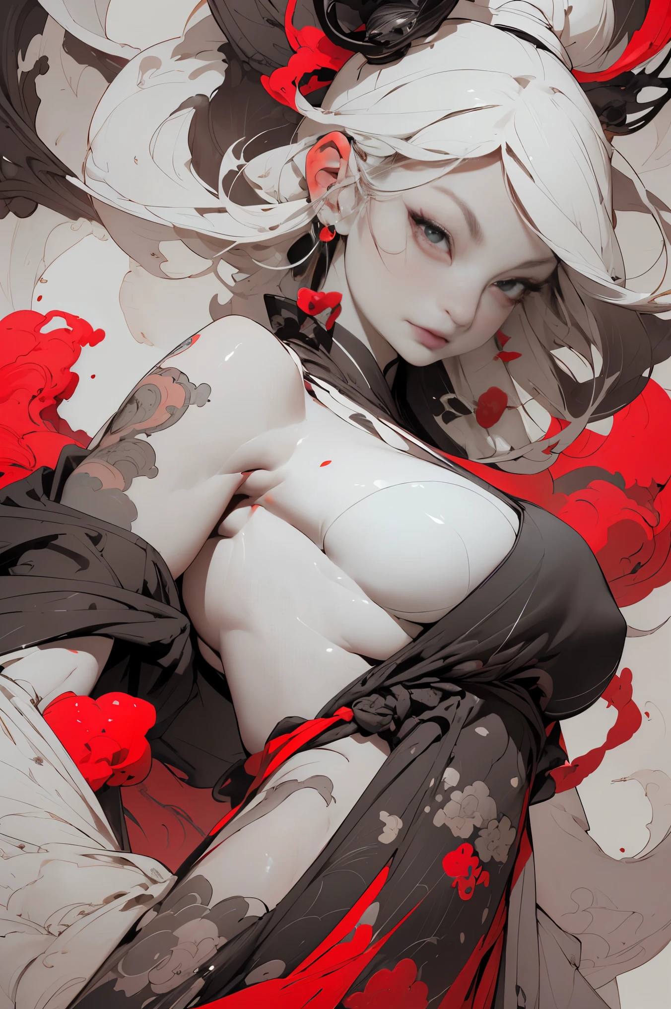 (masterpiece, top quality, best quality, official art, beautiful, cosmic, atmospheric, psychedelic, dreamlike and aesthetic, swirling psychedelic cosmic graffiti patterns:1.2), (1girl), extreme detailed,(fractal art:1.3),colorful,highest detailed, "(Best Quality, 8K, 32K, masutepiece:1.3), Ultra-detailed, (Photorealistic:1.4), pink and white colors, perfect color scheme, albino, Punk rock Girl, Detailed moonlight eyes, Upper body, Luxurious punk hair, Edgy Harajuku-inspired punk rock fashion, super huge enormously gigantic tits, cleavage showing, Avant-garde makeup, Numerous piercings, Heavily tattooed body, Barefoot woman(30-years old) , (fair white skin:1.7)、 (long white hair)、(Samurai style black and gold kimono:1.0)、(Big dragon background)、(White smoke)、(two swords)、(abnormally large breasts)、(Red smoke around the body:1.7)、Bare shoulders, Double eyelids, (Gray eyes)、Parted lips,Solo,(cleavage)、delicate and sexy(clavicle:1.3), (Shiny skin:0.8),(masutepiece:1.4),(Best Quality:1.4),glossy red lips, Perfect Abs, Wet(full of sweat)、low angles, (from below angle), High detailed skin, Skin pores,(Katsushika Hokusai-style background)