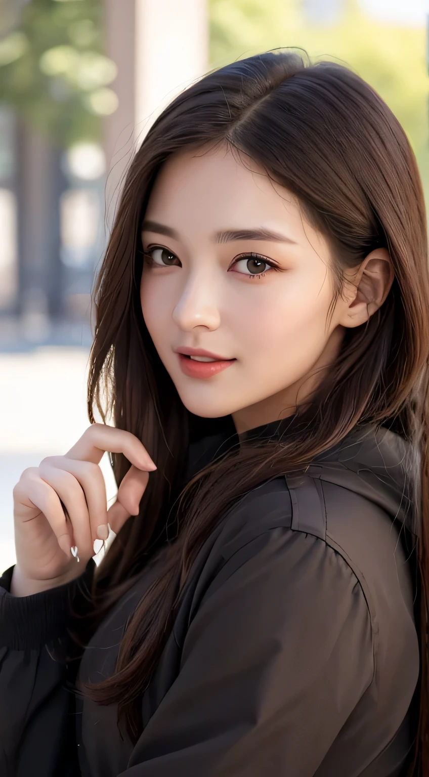 intense realism,(highest quality,4k,masterpiece:1.3),Beautiful woman,1 girl,dark brown hair:1.1,super detailed face,lip details,detailed eye,double eyelid、big black eyes、laughter、long hair、winter、company employee、Down jacket