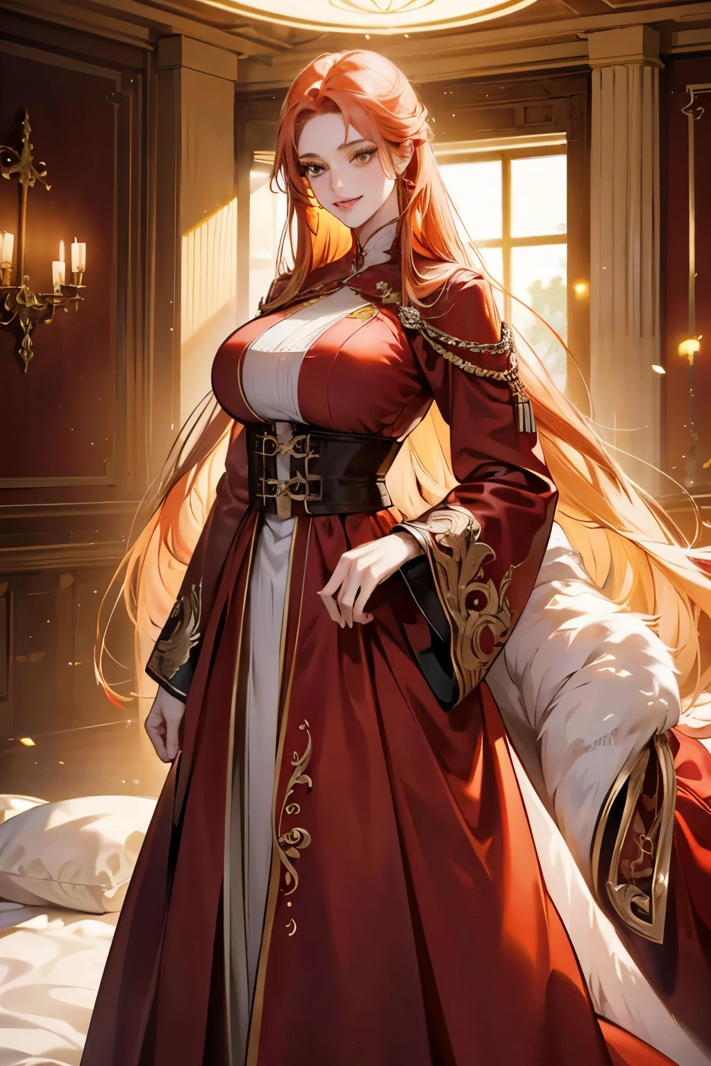 (absurd, high resolution), (panorama), a woman, mature, beautiful, tall,, exquisite, yellow eyes, pale red hair, wearing noble clothes, erotic clothes, red clothes, serene expression, solo character, smile, magical, use magic, sexy, elegant