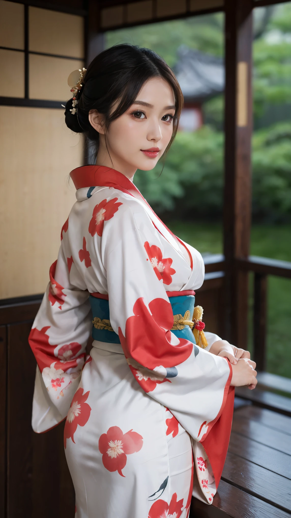 8k, RAW photo, highest quality, masterpiece: 1.2),(best quality，8k, yes，32K，masterpiece，hyper hd：1.2) , 20-year-old, big cleavage breasts, thin abs, big ,a woman in a kimono is posing for a picture, long beautiful flowing kimono, japanese goddess, in kimono, kimono, wearing kimono, in a kimono, japanese kimono, red kimono with flower patterns, classic kimono, pale and coloured kimono, elegant japanese woman, wears long flowing robes, glamorous and sexy geisha, traditional beauty, highly detailed kimono