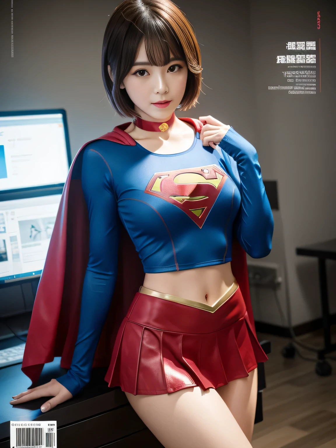 masterpiece、supergirl costume、short hair、barefoot、big and full breasts、execution stand、operating room、operating table、Crisis situation、straddle、flowing sweat、shiny、look at the camera、provocation、Estrus、choker、Weekly magazine cover、long sleeve、red mini skirt、obscene pose、Seduce、