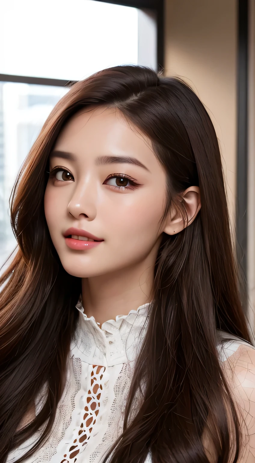 intense realism,(highest quality,4k,masterpiece:1.3),Beautiful woman,1 girl,dark brown hair:1.1,super detailed face,lip details,detailed eye,double eyelid、big black eyes、laughter、long hair、winter、company employee、40 generations