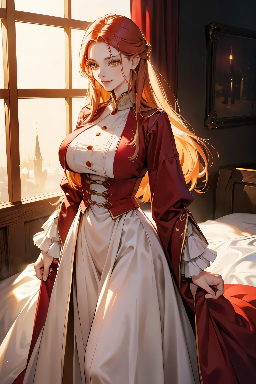 (absurd, high resolution), (panorama), a woman, mature, beautiful, tall,, exquisite, yellow eyes, pale red hair, wearing noble clothes, erotic clothes, red clothes, serene expression, solo character, smile, magical, use magic, sexy, elegant