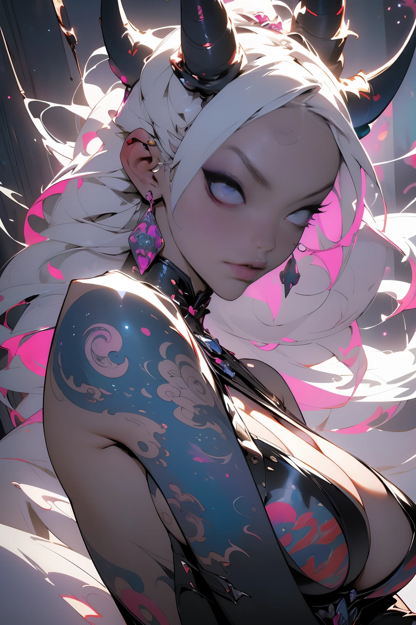 (masterpiece, top quality, best quality, official art, beautiful, cosmic, atmospheric, psychedelic, dreamlike and aesthetic, swirling psychedelic cosmic graffiti patterns:1.2), (1girl), extreme detailed,(fractal art:1.3),colorful,highest detailed, "(Best Quality, 8K, 32K, masutepiece:1.3), Ultra-detailed, (Photorealistic:1.4), pink and white colors, perfect color scheme, albino, demon girl, oni horns, angel wings, Detailed moonlight eyes, Upper body, Luxurious punk hair, Edgy Harajuku-inspired fashion, super huge enormously gigantic tits, cleavage showing, Avant-garde makeup, Numerous piercings, Heavily tattooed body, cherry blossoms and butterflies blowing in the wind, psychedelic cosmic dreamlike aesthetic atmospheric background