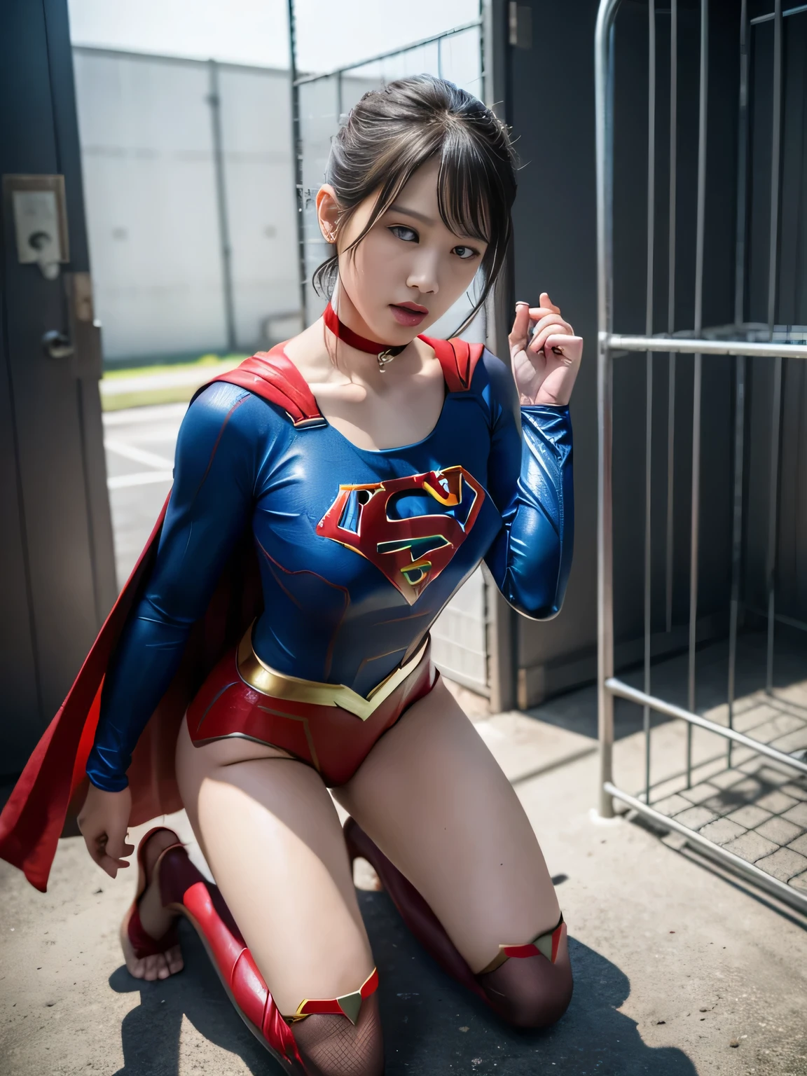masterpiece、supergirl costume、short hair、barefoot、big and full breasts、Crisis situation、Complete surrender、prison、in a cage、imprisonment、kneel down、sweaty、shiny、looking at camera、Seduce、choker、long sleeve、red sexy pose、POW camps