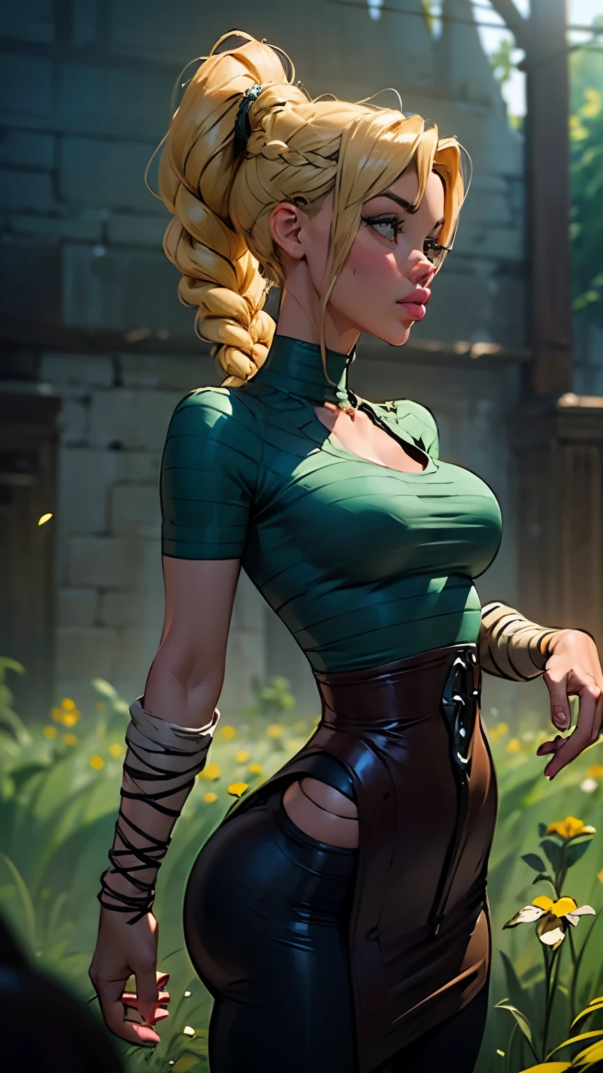 ((cinematic lighting)),（melancholic:1.4），Super rich detail，（stereoscopic perspective：1.4），(flat breasts:1.2), Works of masters，super-fine，4K resolution，high qulity，movie lighting，High picture detail，Detailed pubic hair，Epic scenery，Clearly focused hair，((long braided ponytail)), Detailed hair depiction，acurate