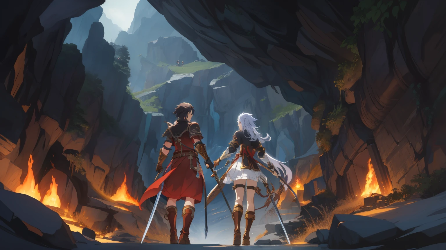 Anime style artwork of a man holding a sword in a cave, 2. 5 d cgi Anime fantasy artwork, anime epic artwork, grand order of destiny, epic RPG artwork, Detailed digital 2D fantasy art, Detailed key animation art, Anime fantasy artwork, RPG artwork, Epic Anime Fantasy, 2b, 2b, Granblue Fantasy, Blade and Soul