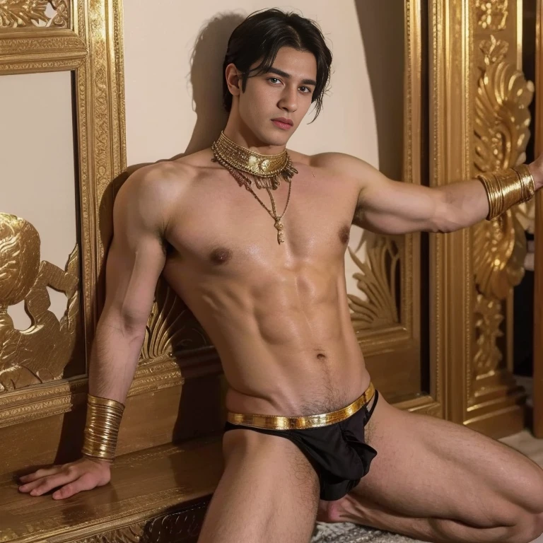 a man in a billowing gold chiffon male belly dance outfit is posing for a picture, handsome prince of persia, attractive male deity, brown skin man egyptian prince, beautiful androgynous prince, ashoka tano, delicate androgynous prince, hindu aesthetic, djinn human hybrid, handsome prince, heroic masculine pose, prince, male warrior, djinn man male demon, persian warrior, handsome face , bottomless  , big thighs , full length shot , foot seen ,  big buttocks   , dancing pose , dynamic pose , sexy , nude , penis , gluteal fold , fat butt , 