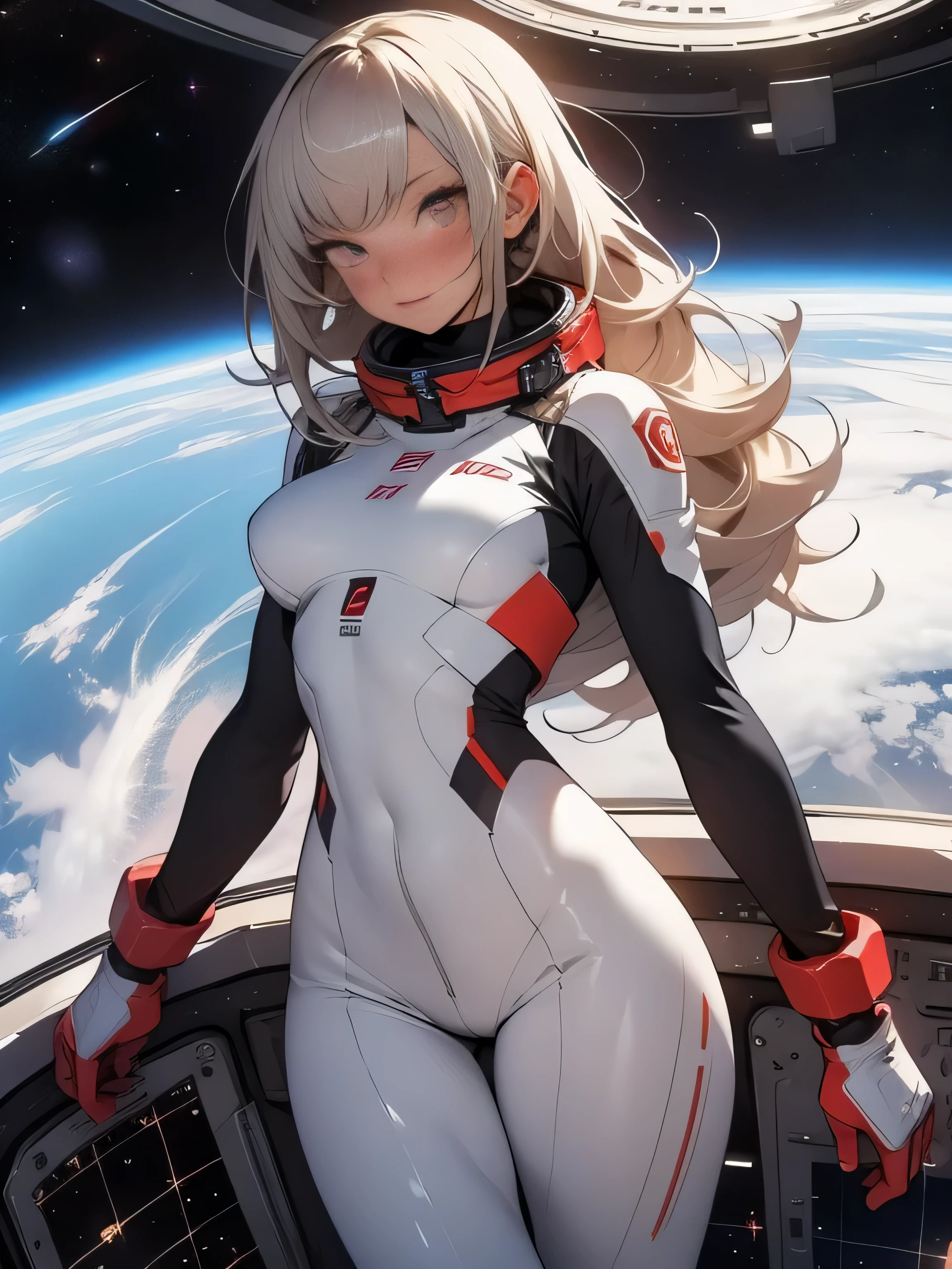 sandy hair muscular large breasts slender thighs slender waist pilot suit solo looking at viewer in space long hair blushing determination, Full body Shot
