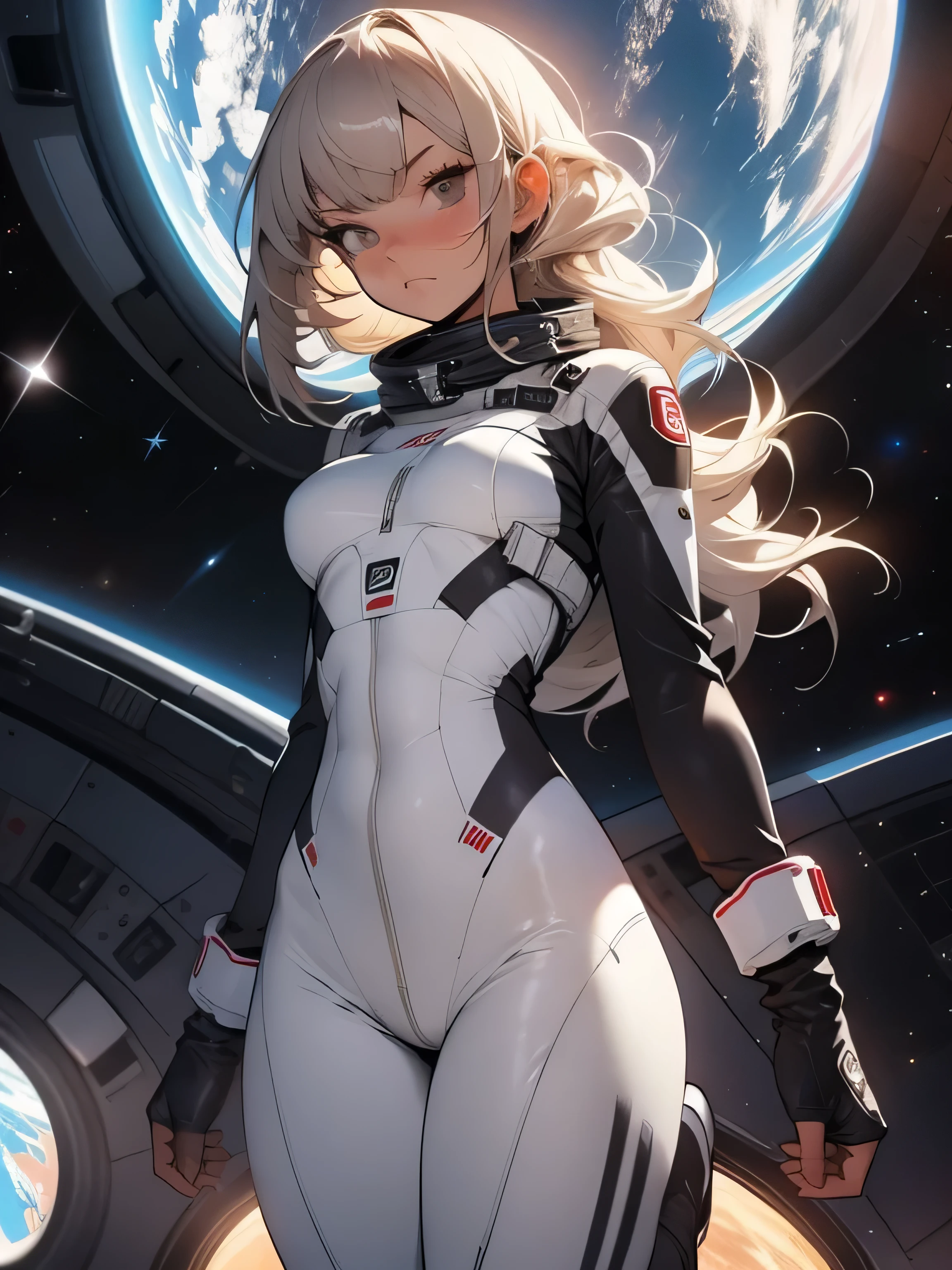sandy hair muscular large breasts slender thighs slender waist pilot suit solo looking at viewer in space long hair blushing determination, Full body Shot