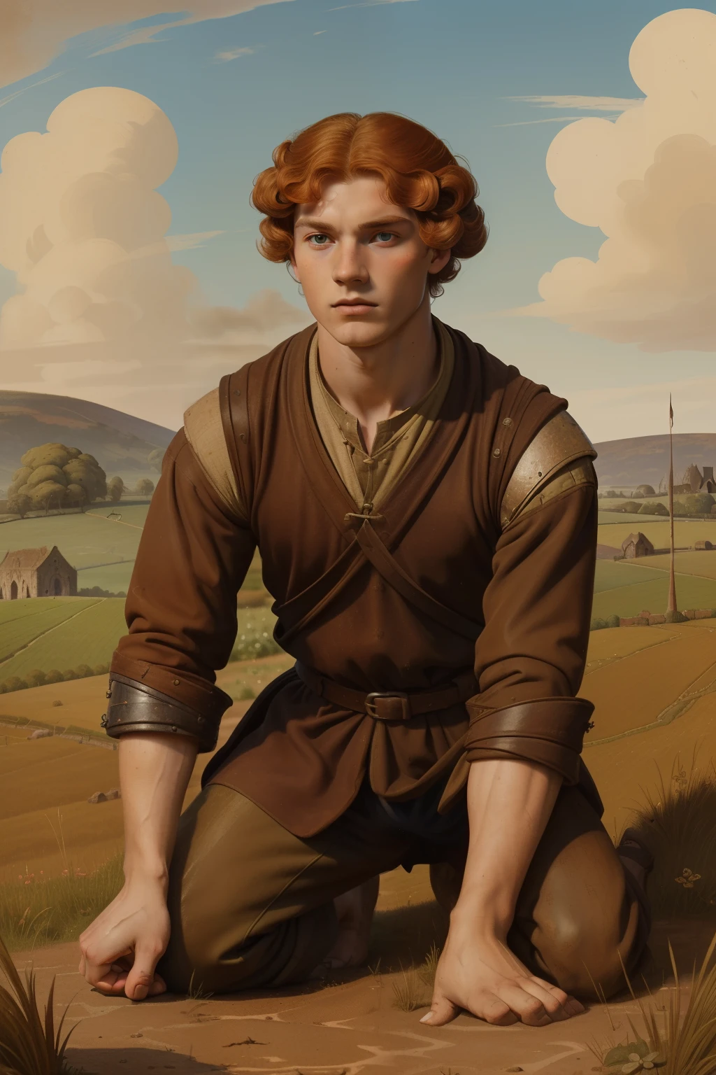 England, 1338. A young ((((17-year-old)) Wulfric)), rustic boy, strong, angular features, serious, kind, in the fields, on his knees, defeated, in a poodle of mud, ((furious expression)). ((((clothings from the 1300s)))), ((ginger hairstyle of the 1300s))