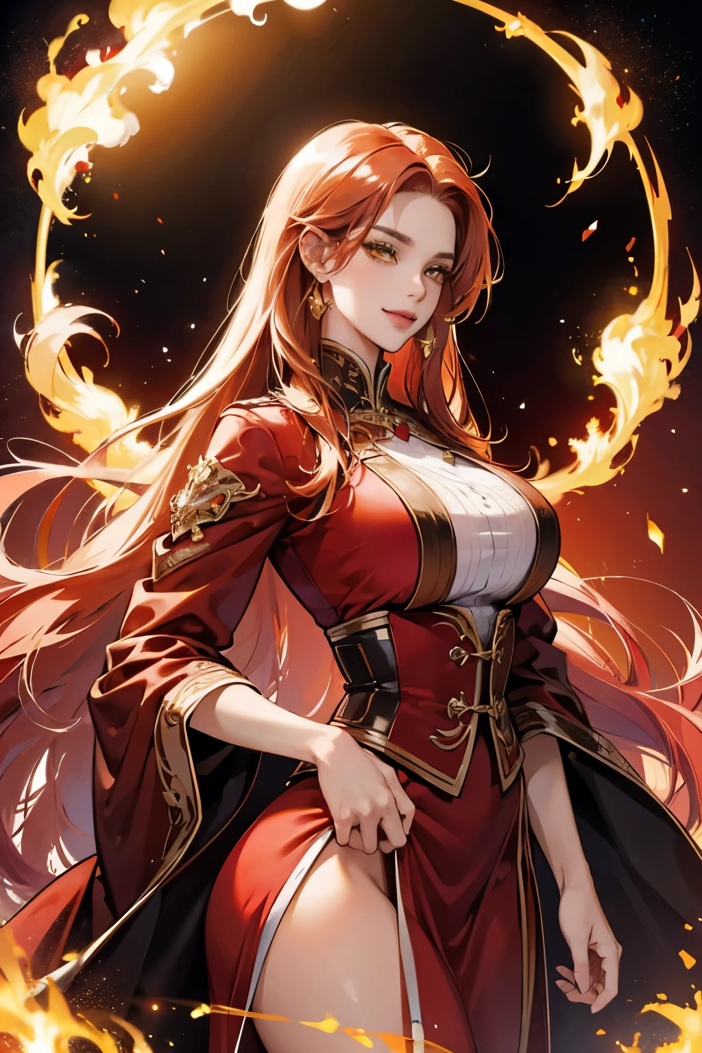 (absurd, high resolution), (panorama), a woman, mature, beautiful, tall,, exquisite, yellow eyes, red hair, wearing noble clothes, erotic clothes, red clothes, serene expression, solo character, smile, magical, use magic, sexy, elegant