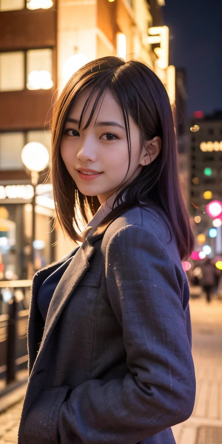 1 girl, snow mountain,night, cityscape,city lights,coat、Upper body,close,smile,, (8k, RAW photo, highest quality, masterpiece:1.2),(realistic, photo-realistic:1.37),