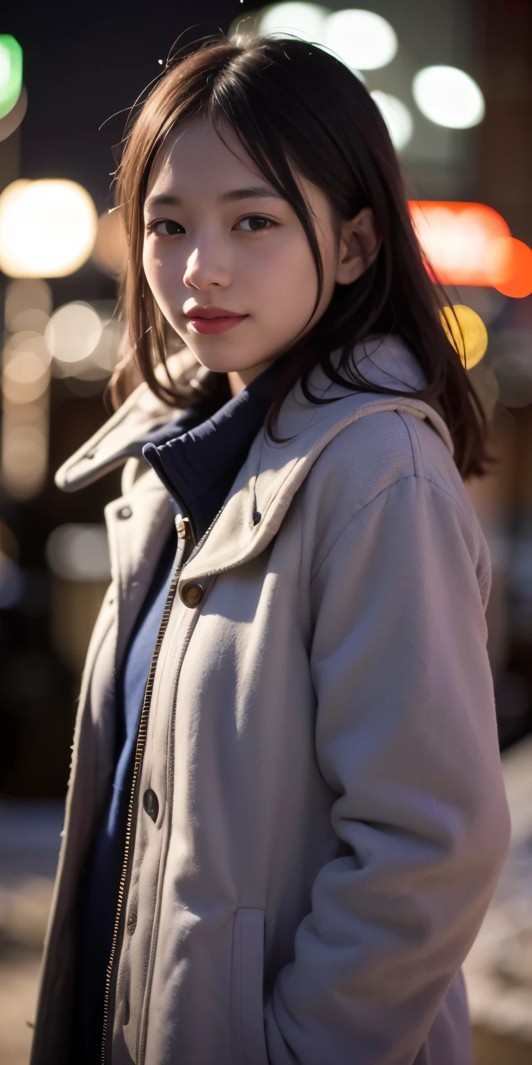 1 girl, snow mountain,night, cityscape,city lights,coat、Upper body,close,smile,, (8k, RAW photo, highest quality, masterpiece:1.2),(realistic, photo-realistic:1.37),