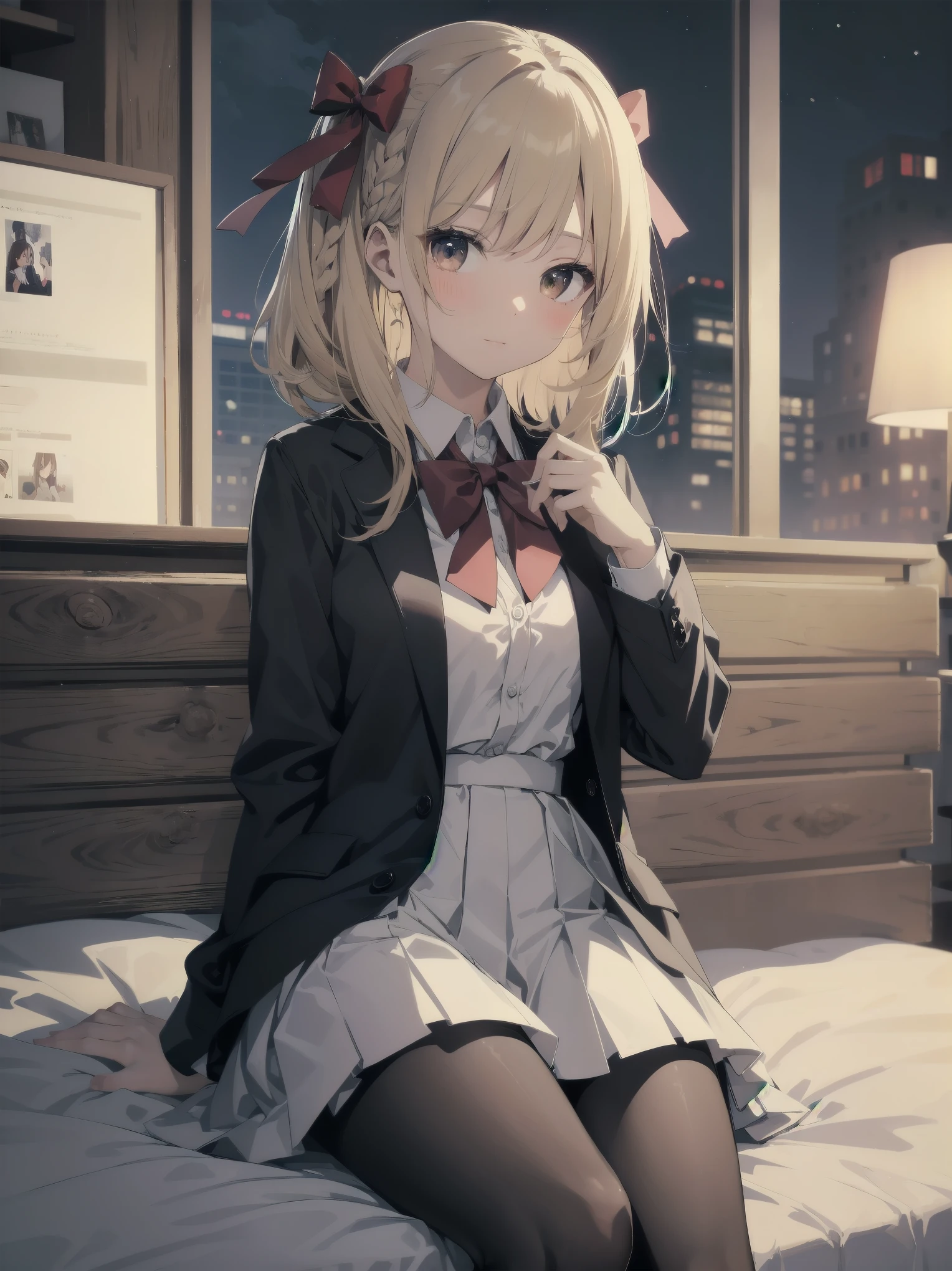 masterpiece, highest quality, High resolution, super detailed, 1 girl、solo、medium hair、braid、colorful hair,one side up,parted bangs,side lock,hair ribbon,Jacket,black Jacket,open Jacket,red bow tie,vest,brown vest,shirt,white shirt,short sleeve,shorter than long sleeve,skirt,black skirt,pantyhose,brown 黒色のpantyhose,Argyle Legwear,indoor,sitting,bed,blush,(embarrassing:1.2),(night:1.4),