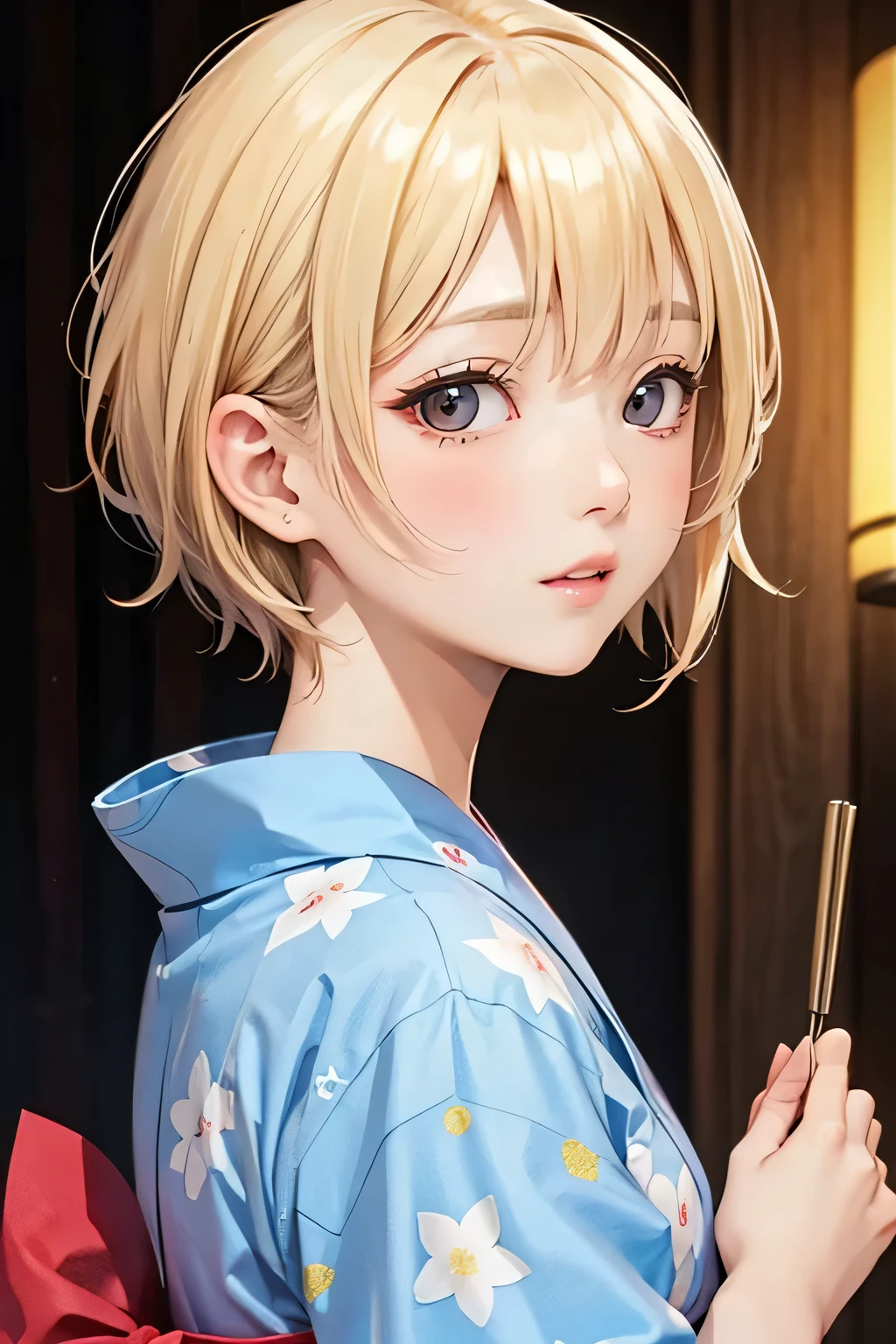 blonde、short hair、girl1、close up of face、hostel、yukata