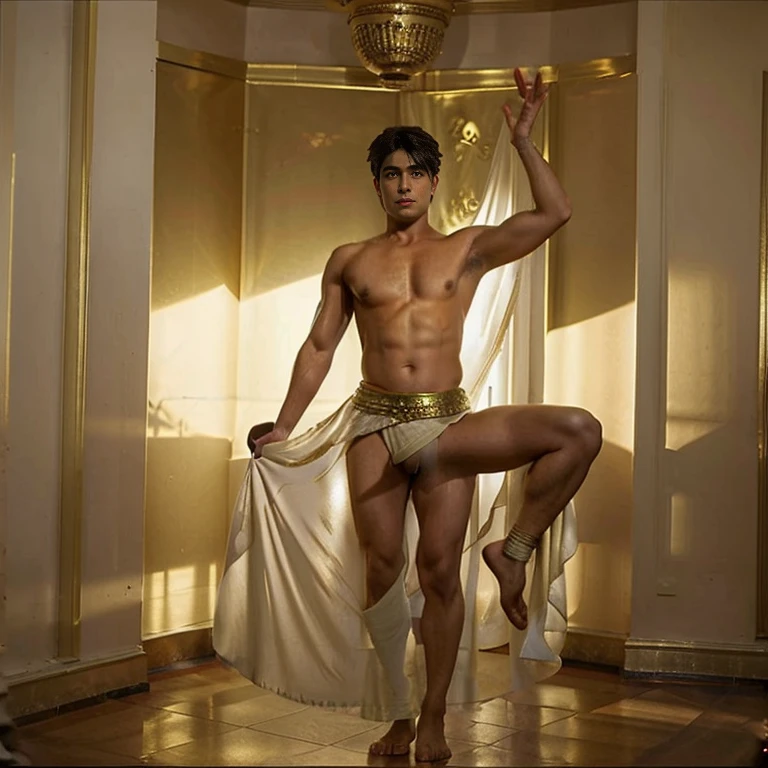 a man in a billowing gold chiffon male belly dance outfit is posing for a picture, handsome prince of persia, attractive male deity, brown skin man egyptian prince, beautiful androgynous prince, ashoka tano, delicate androgynous prince, hindu aesthetic, djinn human hybrid, handsome prince, heroic masculine pose, prince, male warrior, djinn man male demon, persian warrior, handsome face , bottomless , big thighs , full length shot , foot seen , big buttocks , dancing pose , dynamic pose , sexy , nude , penis , gluteal fold , fat butt ,