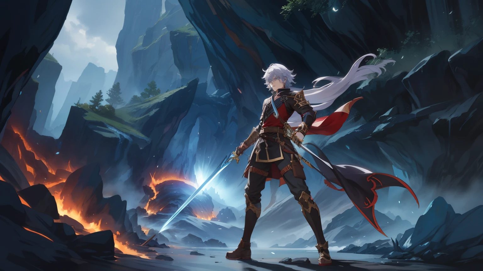 Anime style artwork of a man holding a sword in a cave, 2. 5 d cgi Anime fantasy artwork, anime epic artwork, grand order of destiny, epic RPG artwork, Detailed digital 2D fantasy art, Detailed key animation art, Anime fantasy artwork, RPG artwork, Epic Anime Fantasy, 2b, 2b, Granblue Fantasy, Blade and Soul