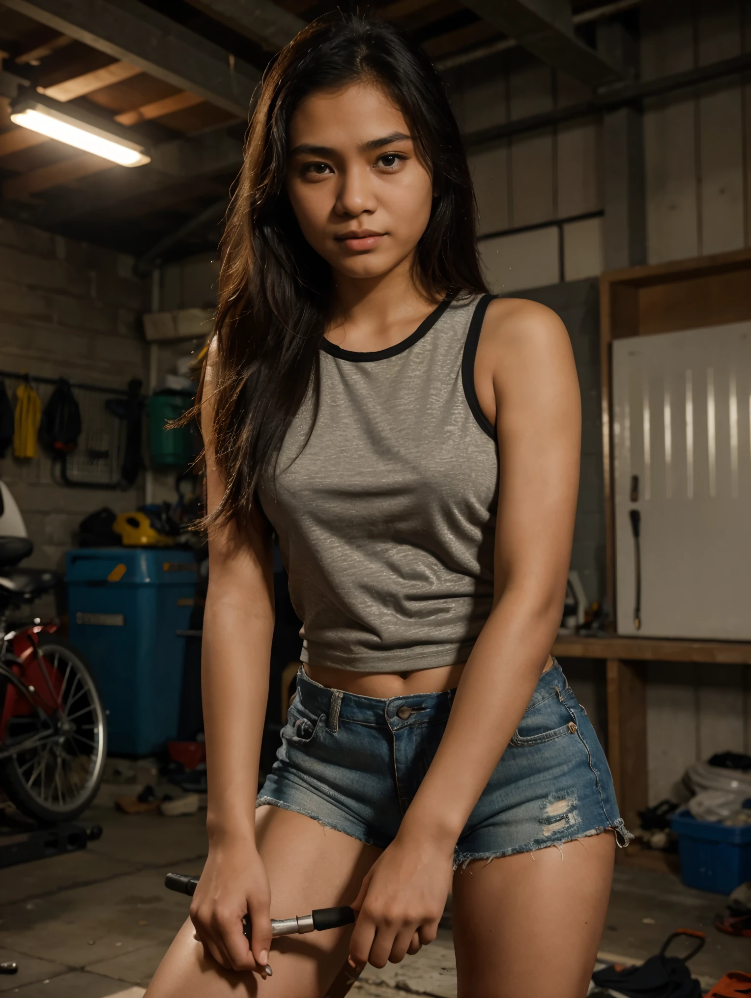 a 20-year-old beautiful Indonesian girl wearing a sleeveless shirt and rugged shorts are trying to repair the bike in the garage, normal finger, face 4k, atmospheric background