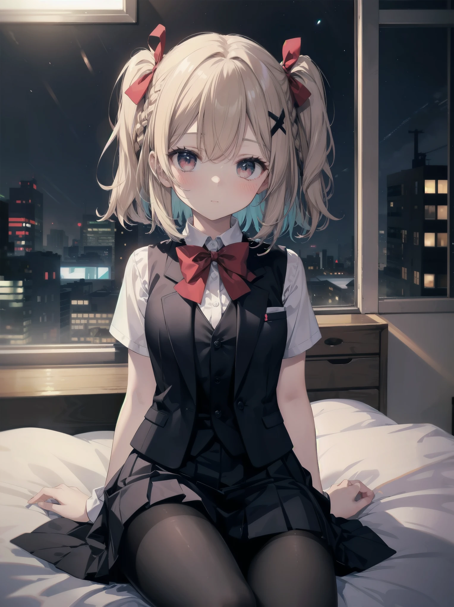 masterpiece, highest quality, High resolution, super detailed, 1 girl、solo、medium hair、braid、colorful hair,one side up,parted bangs,side lock,hair ribbon,Jacket,black Jacket,open Jacket,red bow tie,vest,brown vest,shirt,white shirt,short sleeve,shorter than long sleeve,skirt,black skirt,pantyhose,brown 黒色のpantyhose,Argyle Legwear,indoor,sitting,bed,blush,(embarrassing:1.2),(night:1.4),
