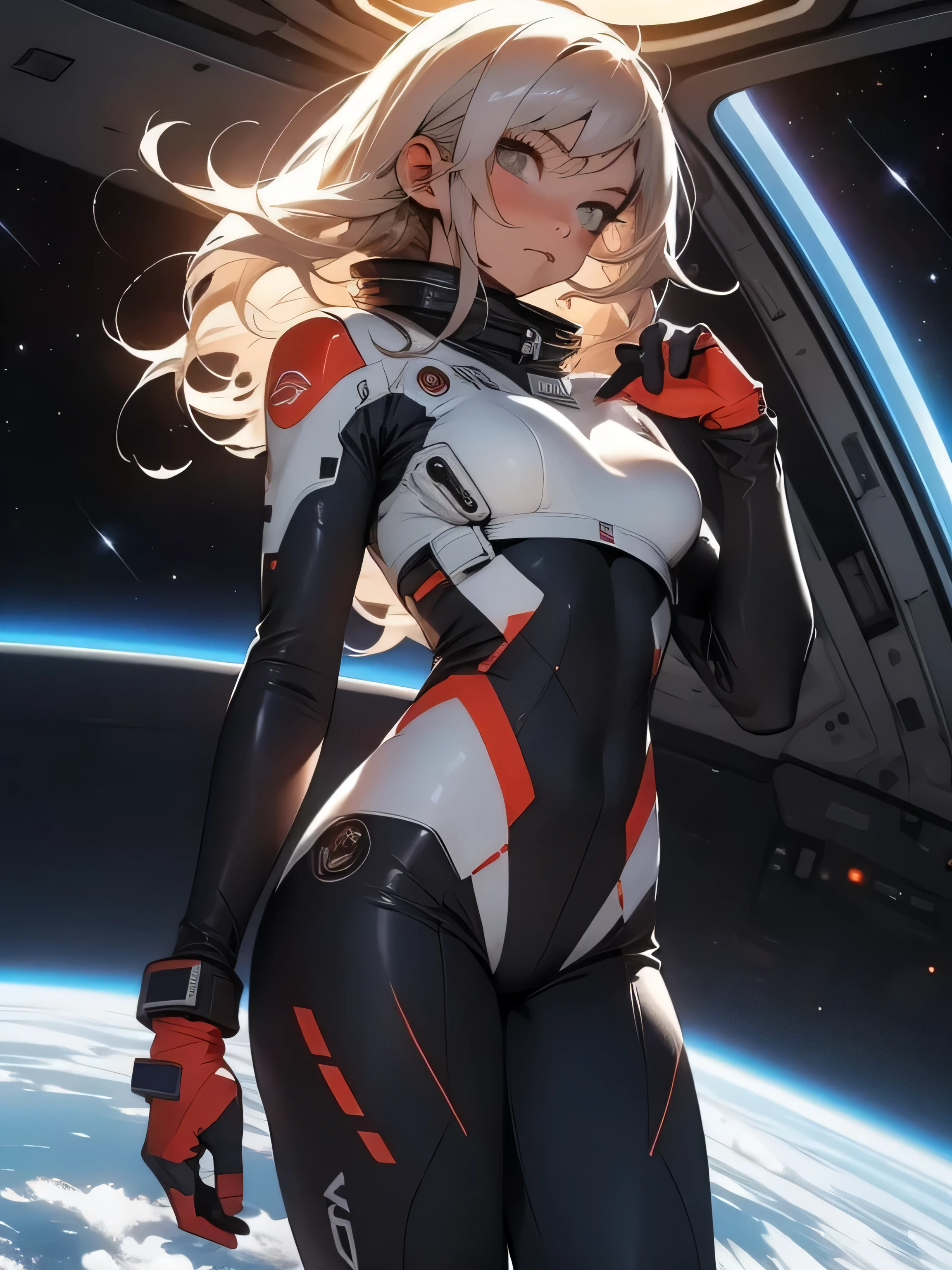 sandy hair muscular large breasts slender thighs slender waist pilot suit solo looking at viewer in space long hair blushing determination, Full body Shot