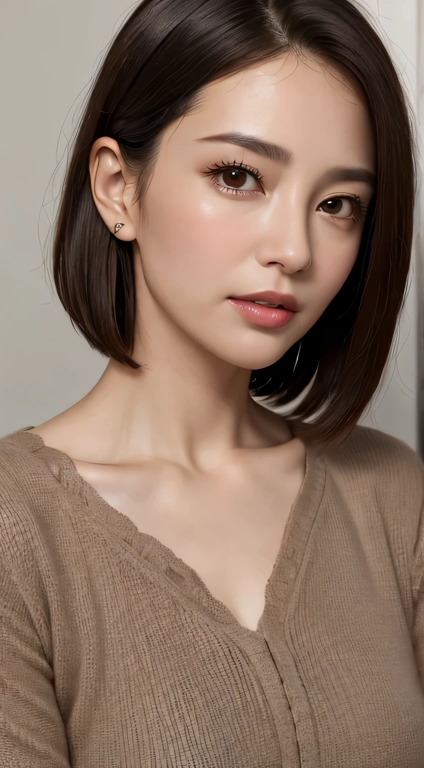 intense realism,(highest quality,4k,masterpiece:1.3),Beautiful woman,1 female、50 years old、Upper body、dark brown hair:1.1,super detailed face,lip details,detailed eye,double eyelid、big black eyes、laughter、short hair、winter、company employee