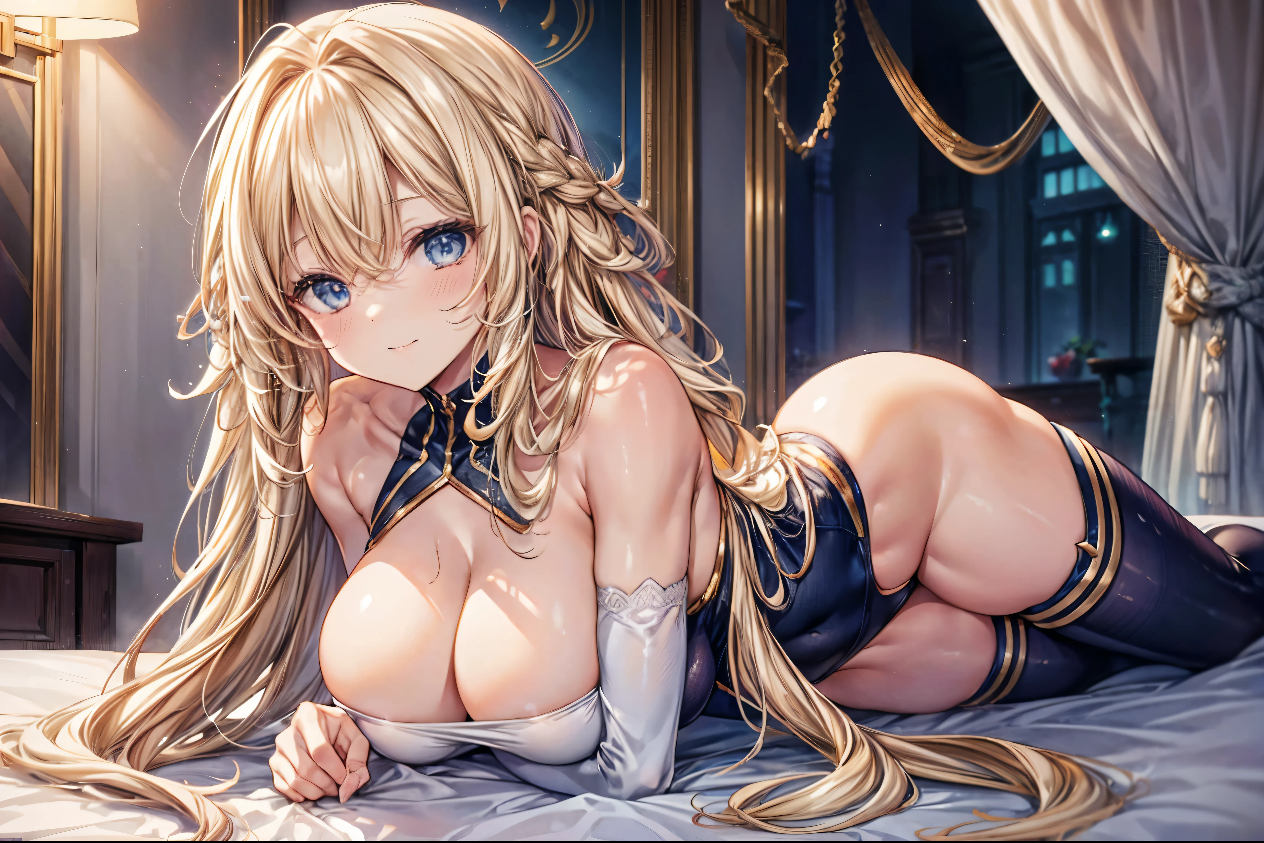 sensual, ((long blonde curly hair)), thick thighs, 8k, 4k, highest quality, High resolution:1.2), cute anime face, noise reduction, ((shining blue eyes, gentle smile, kind eyes))、toned abdominal muscles, muscular arms, muscular legs,  young face, anime eyes, (((big breasts、A chest that is about to burst)))、(((whole body)))、Wearing a sexy leotard、please lie down on the bed