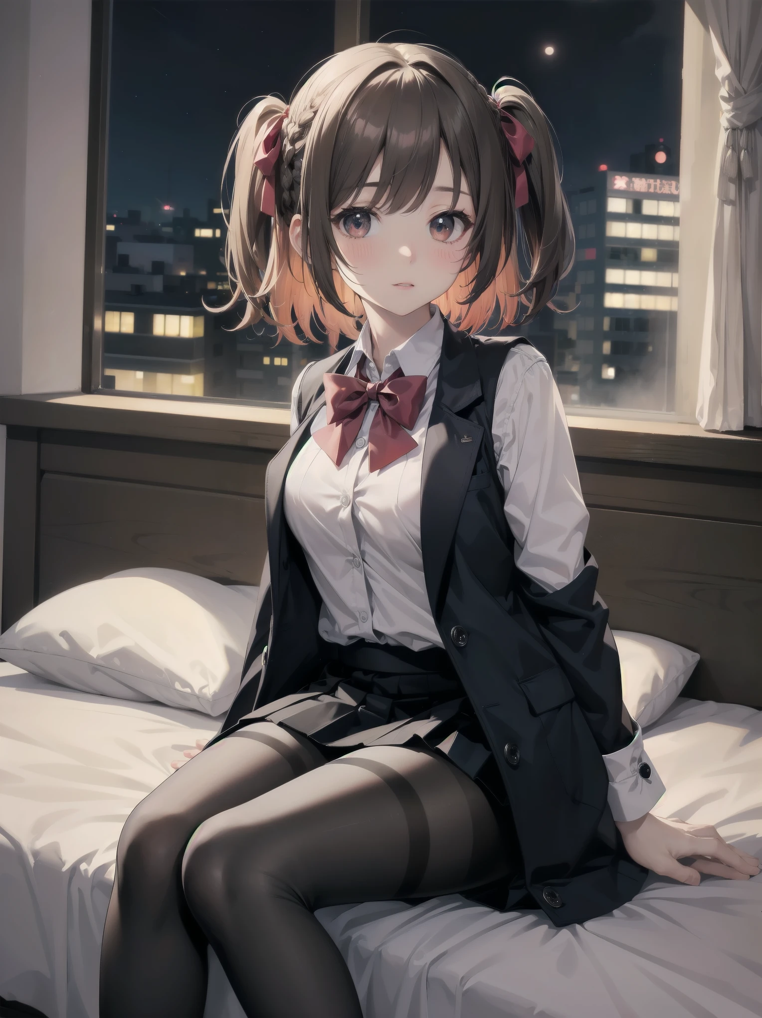 masterpiece, highest quality, High resolution, super detailed, 1 girl、solo、medium hair、braid、colorful hair,one side up,parted bangs,side lock,hair ribbon,Jacket,black Jacket,open Jacket,red bow tie,vest,brown vest,shirt,white shirt,short sleeve,shorter than long sleeve,skirt,black skirt,pantyhose,brown 黒色のpantyhose,Argyle Legwear,indoor,sitting,bed,blush,(embarrassing:1.2),(night:1.4),