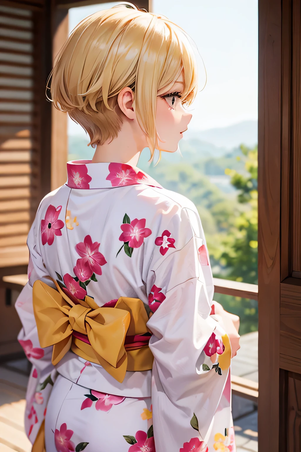 blonde、short hair、girl1、close up of face、Rear view、yukata