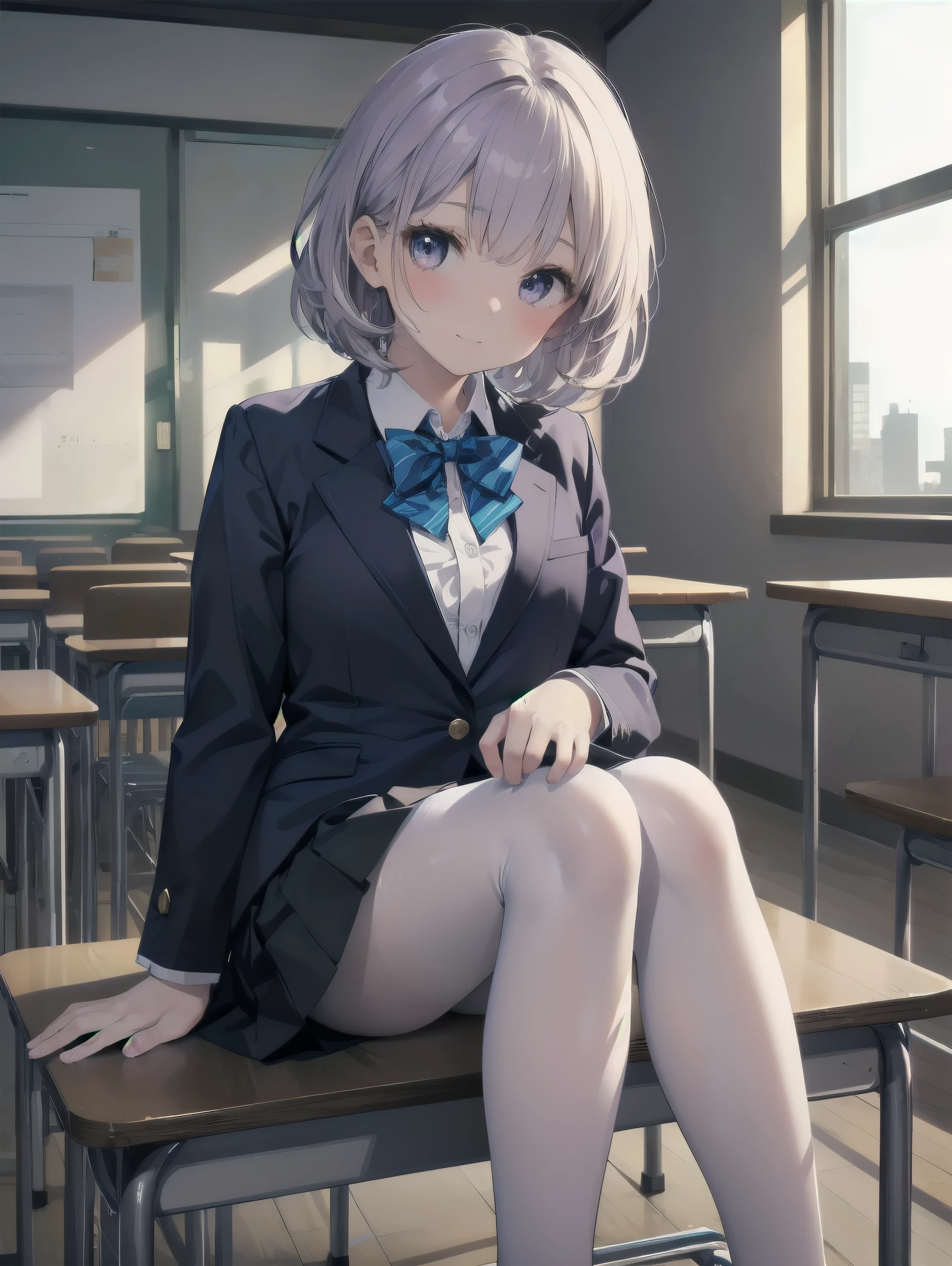 細部に至るまinの傑作、highest quality、realistic、1 girl、solo、、Looks about 5 years old、iful girl、、5 year old baby face、Silky hair、Gradient bob in the forward、blue and purple mesh、big vertical eyes、Outstanding looks、cute 、proximity、closed_mouth、laughter、blush、恥ずかしさinいっぱい、blue bow tie、Branded uniforms、赤いblazer、blazer、pleated skirt、navy blue skirt、silk blouse、white blouse、feet、black tights、sit on top、classroom、hair_ornament、looking for_in_viewer、beiniful detailed eyes、realistic目、tights on、Not clear、professional effects、Not clear、enhanced elegance、Really ridiculous cuteness、cute