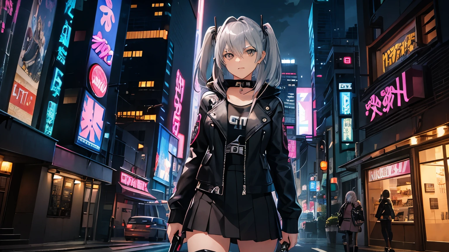 high quality、cyber punk、girl２people、mechanic、comical、anime style etc.、gray hair、bike、leather jacket、punk coloring、city、ナイトcity、Street style、graffiti、hoodie、middle age、tall woman、military、Knee-high boots、weapons、night、二people組、teammates、The touch of the picture is black lagoon style