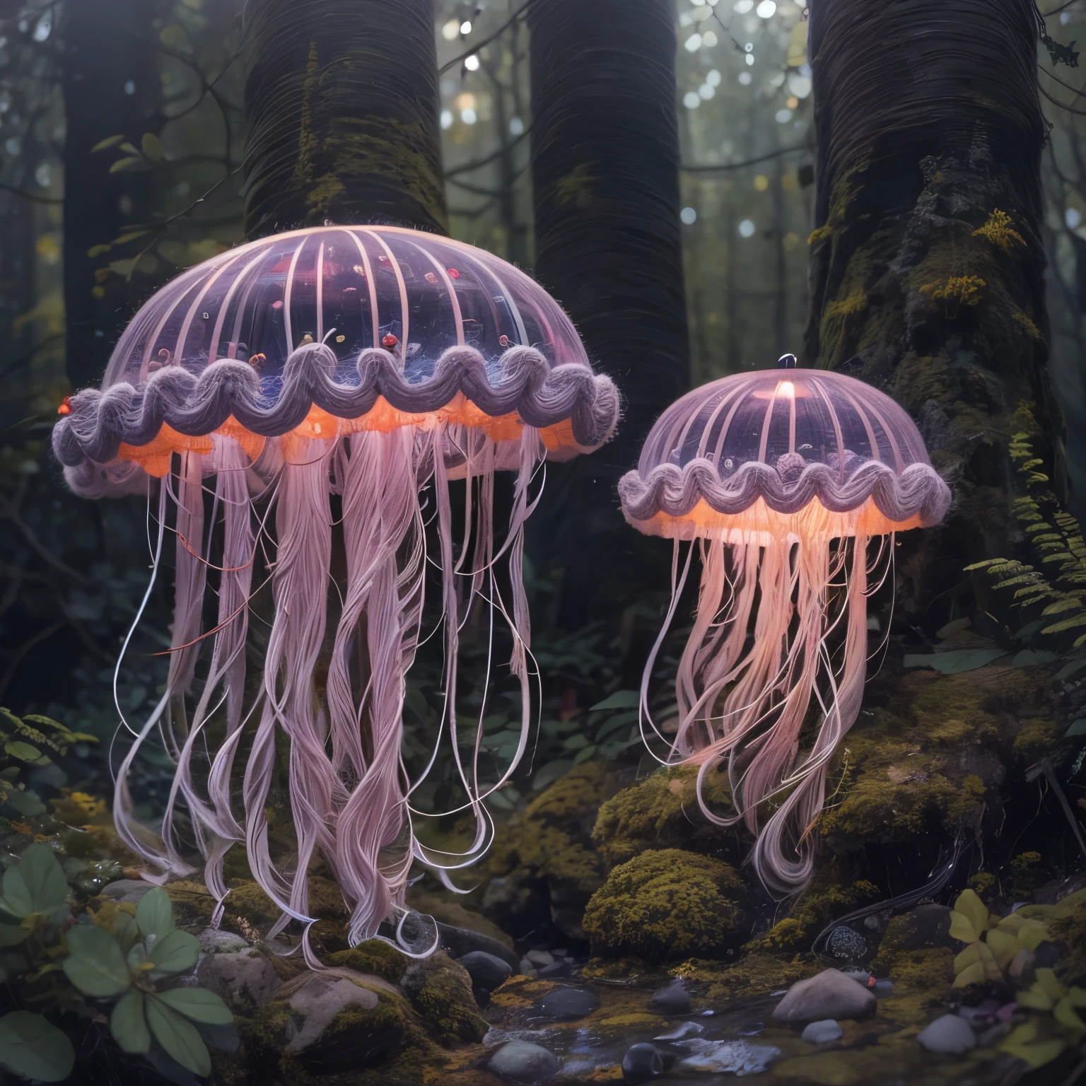 (La best quality,high resolution,super detailed,actual),Cute knitted jellyfish，in the forest，Christmas decoration，Surrounded by glowing jellyfish，Dreamy elements（ （（masterpiece）））， （（best quality））， （（intricate details））（8k）