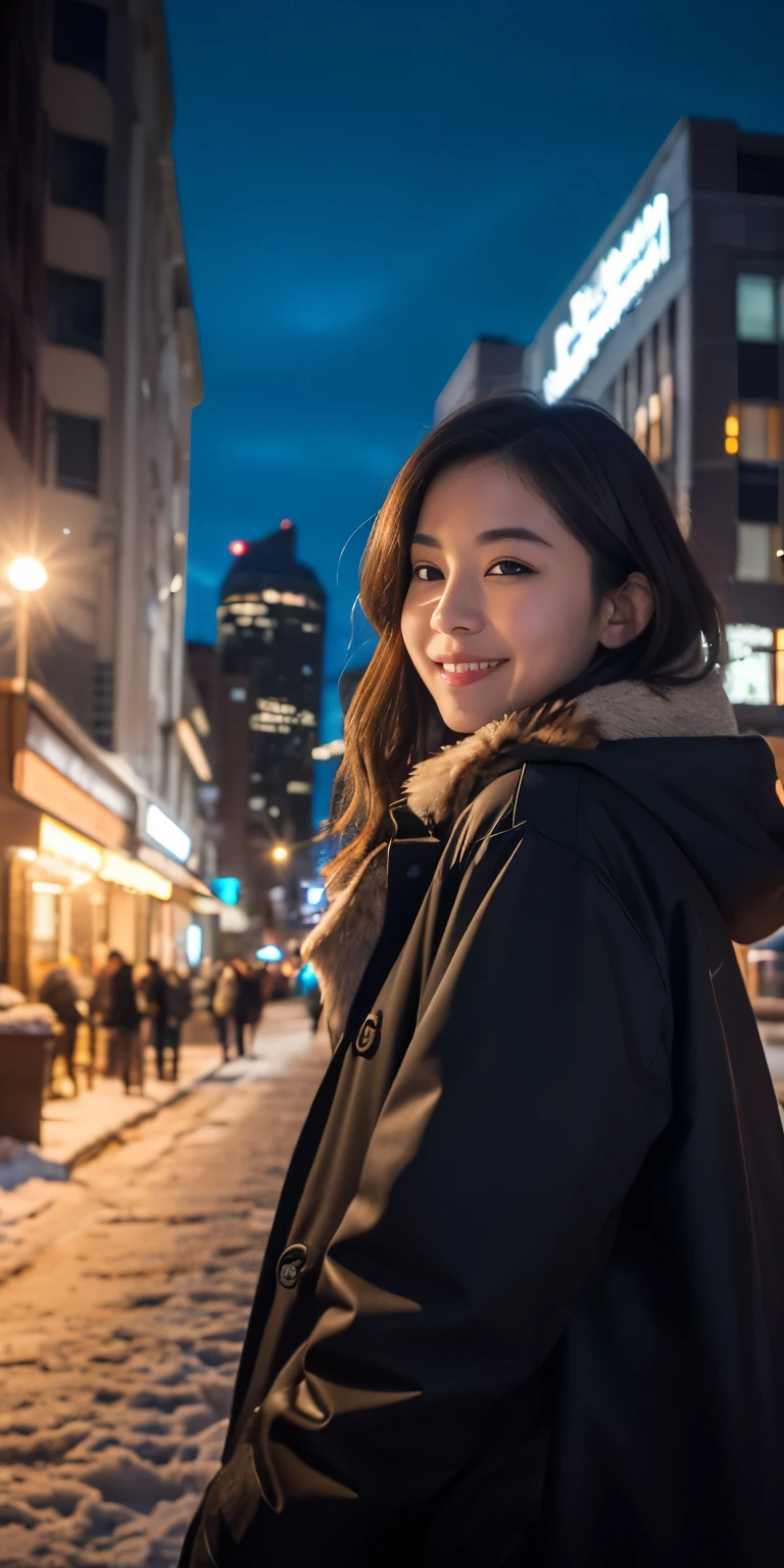 1 girl, snow mountain,night, cityscape,city lights,coat、Upper body,close,smile,, (8k, RAW photo, highest quality, masterpiece:1.2),(realistic, photo-realistic:1.37),