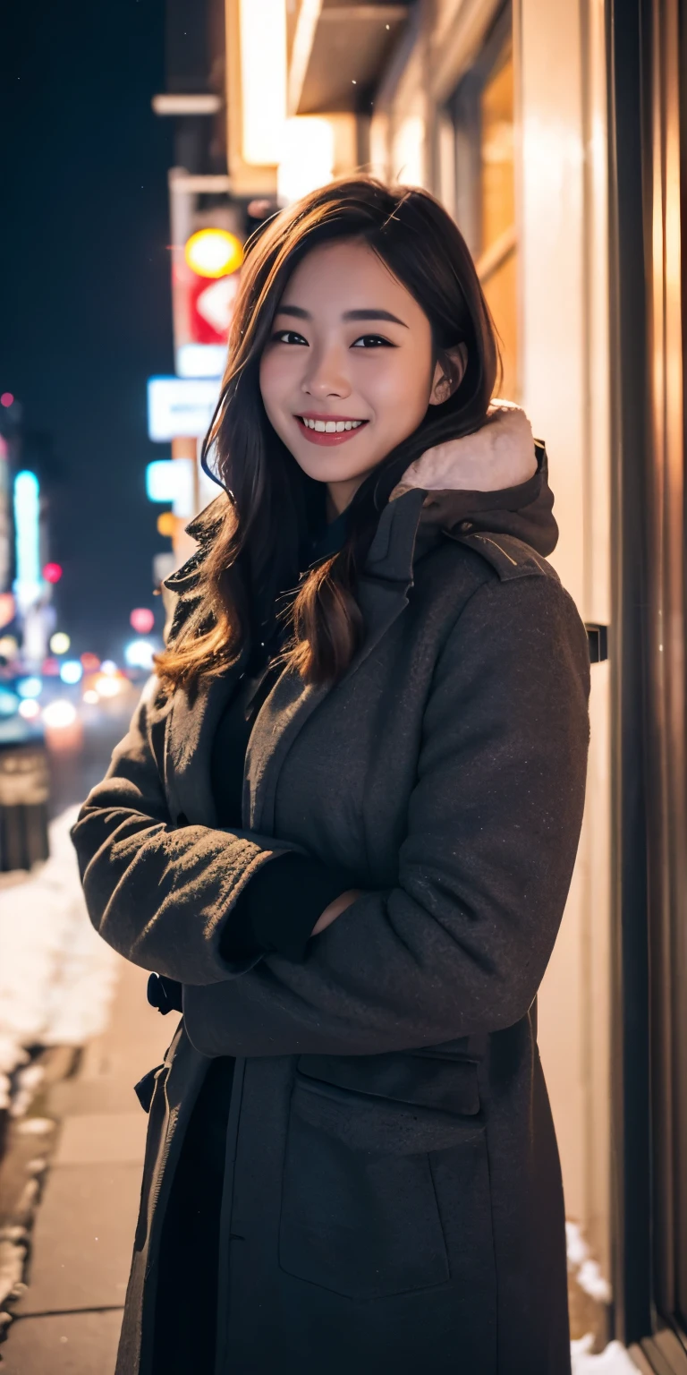 1 girl, snow mountain,night, cityscape,city lights,coat、Upper body,close,smile,, (8k, RAW photo, highest quality, masterpiece:1.2),(realistic, photo-realistic:1.37),