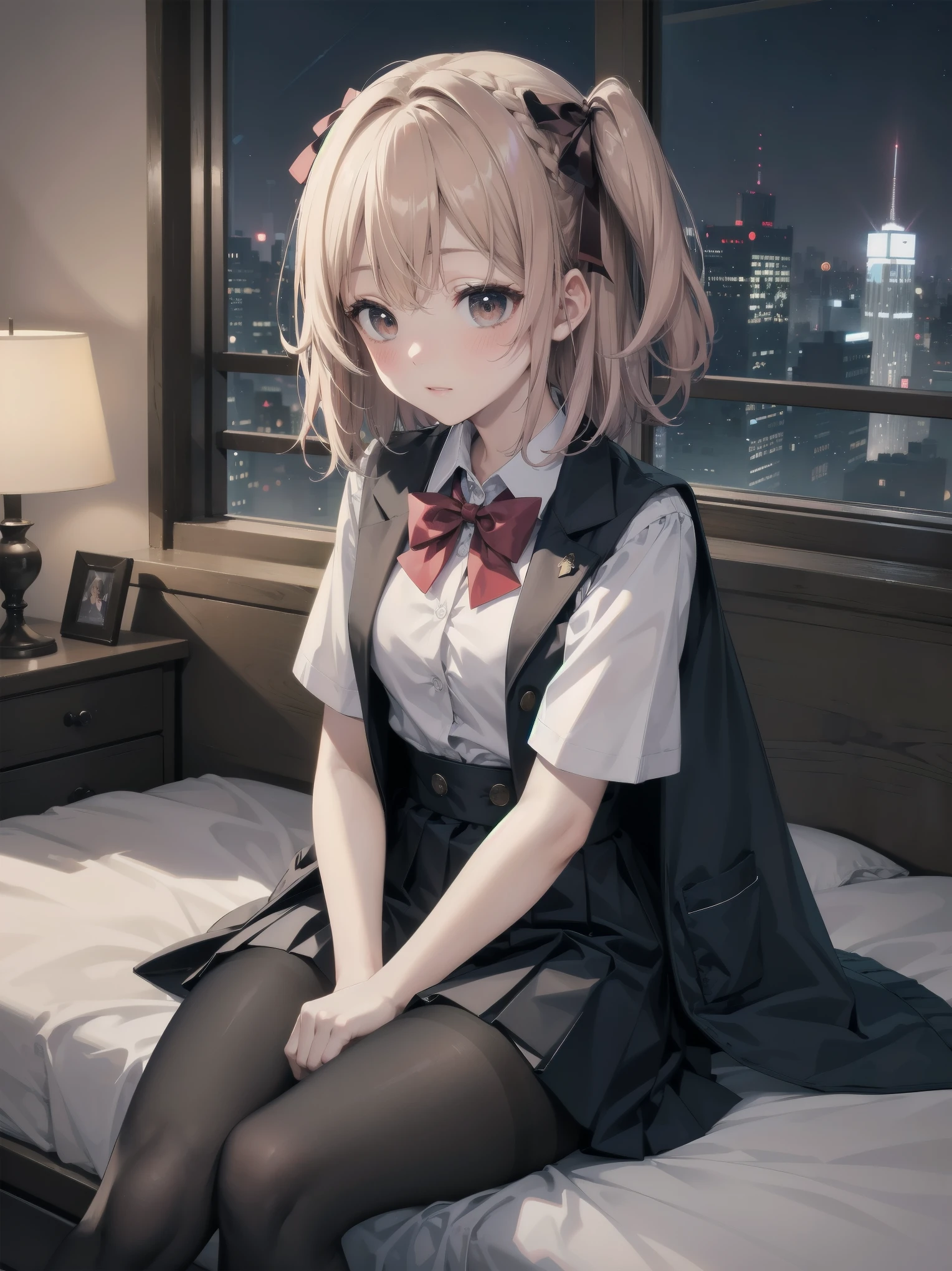masterpiece, highest quality, High resolution, super detailed, 1 girl、solo、medium hair、braid、colorful hair,one side up,parted bangs,side lock,hair ribbon,Jacket,black Jacket,open Jacket,red bow tie,vest,brown vest,shirt,white shirt,short sleeve,shorter than long sleeve,skirt,black skirt,pantyhose,brown 黒色のpantyhose,Argyle Legwear,indoor,sitting,bed,blush,(embarrassing:1.2),(night:1.4),