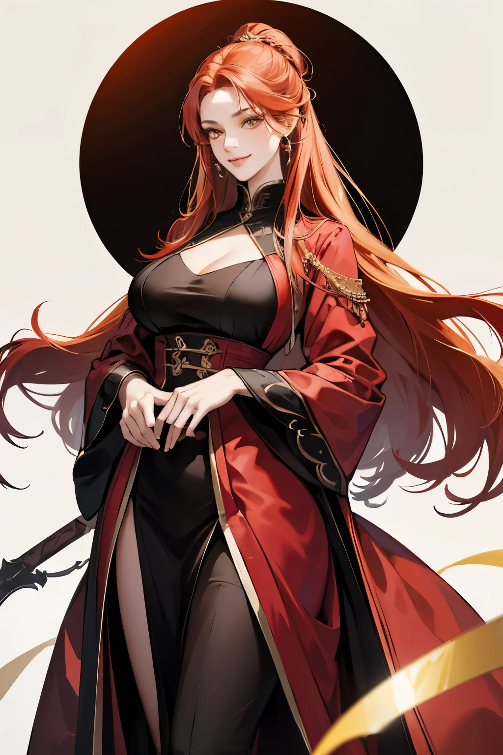 (absurd, high resolution), (panorama), a woman, mature, beautiful, tall,, exquisite, yellow eyes, red hair, wearing noble clothes, erotic clothes, black clothes, serene expression, solo character, smile, sexy, elegant,