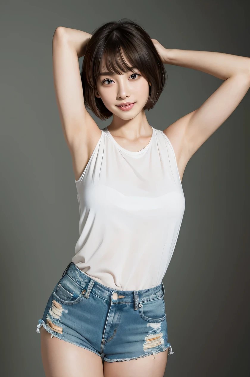 (one girl:1.3), Short hair, Japanese high-school student, Amazing face and eyes, Looking at the camera, Smile full of joy、show teeth、Raise your hands behind your head、Show the armpits、(denim shorts:1.2),(Best Quality:1.4), extremely detailed CG unified 8k wallpaper, Highly detailed, High-definition raw color photos, professional photograpy, Realistic full-body shots, Filming in the studio、Plain wallpaper, sexy portrait of girl, Open exterior, looking at the front, spread legs on the floor