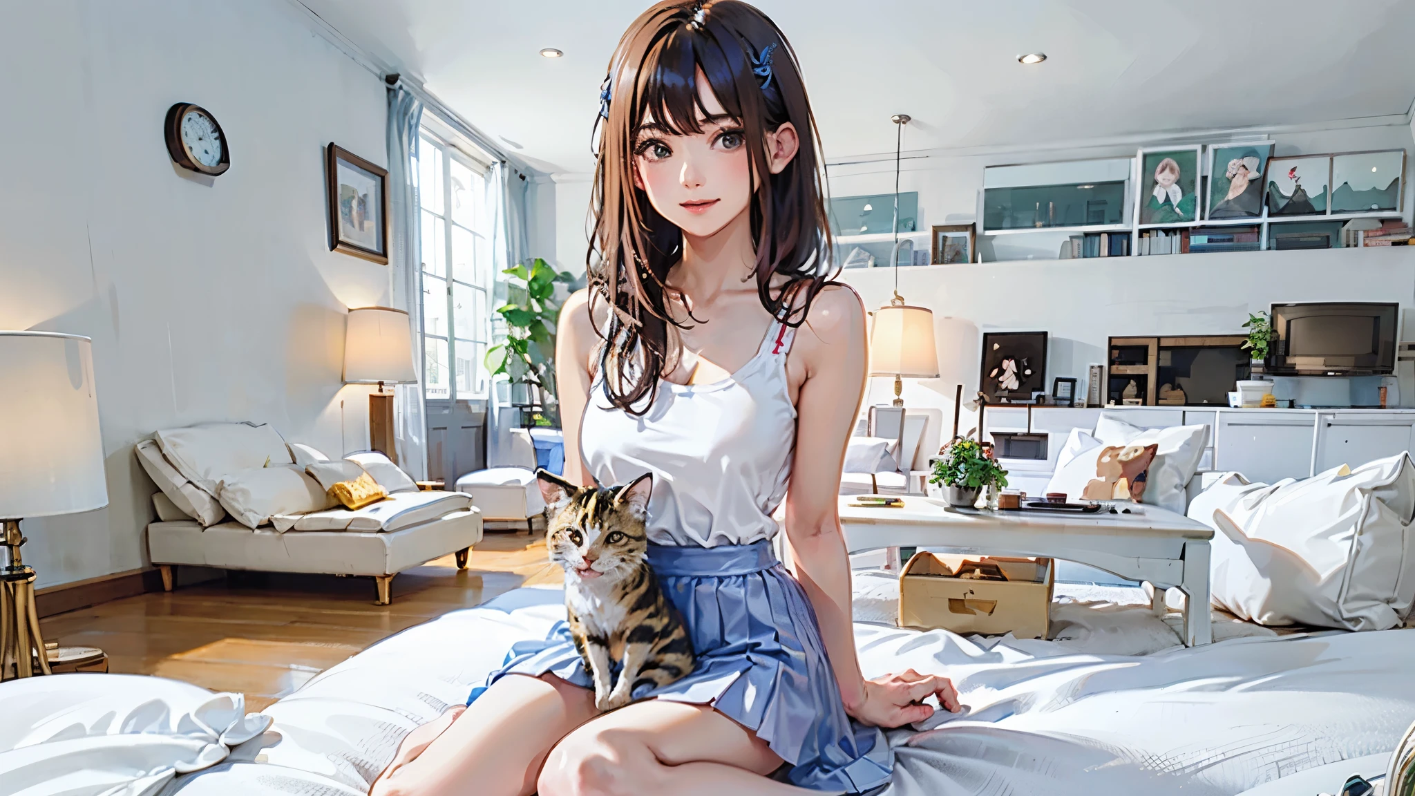 (high quality、8K、ultra hd、Beautiful  Japanese woman with a kitten on her lap)、Tank top、mini skirt、A happy smile、whole body、random pose、A cute pop room with kittens、digital painting、concept art、3D lighting、2D rendering、art germ、ArtStat Trends、pop of color、pop art、Realistic depiction like a photo