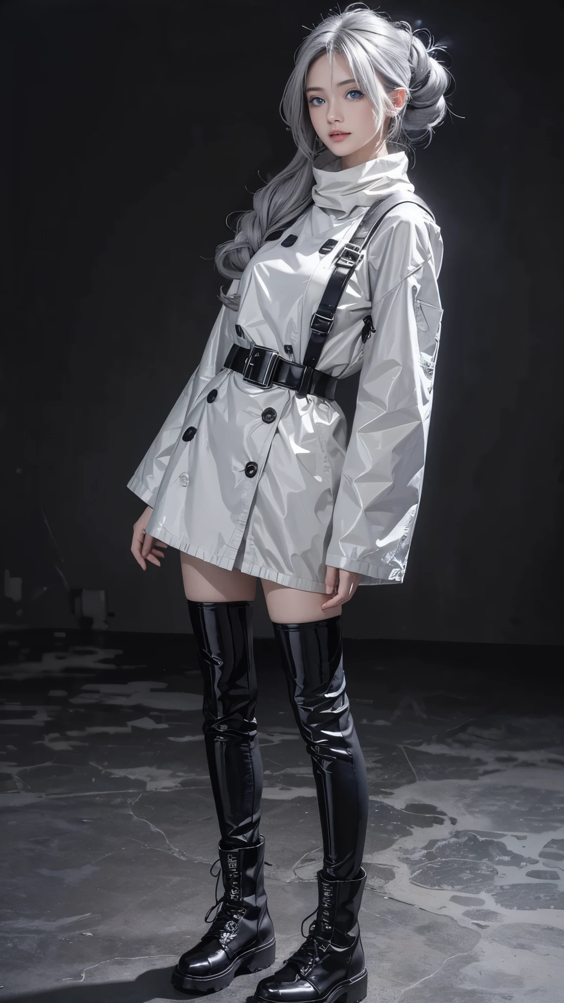 (anime:1.3), (all body, fashion portrait:1.6), ultra detailed, beautiful, masterpiece, best quality, _ BREAK (1girl:1.2), 22 years old, 160 cm, Japanese cute model, Tightened all body, large Breasts, small head, small face, diamond Face, small nose, Sharp Faceline, young hands and fingers, beautiful hands and fingers, five fingers, _ BREAK (Glossy Lips:1.3), (Light color lips, Half open mouth, beautiful Teeth:1.2), (dropy eyes, Double eyelid, Blue eyes:1.), _ BREAK (arranged hairstyle:1.3), (gray hair:1.3), _ BREAK (gray background:1.4), Fog, mist, _ BREAK (wide angle, from below:1.2), (standing:1.6), (model pose:1.6), (from front white lightning:1.4),
BREAK latex, Glossy, Liquid, rubber, BREAK (casual fashion and Cyber taste fashion), (black theme:1.4), baggy and baggy wear, baggy Waist line and baggy sleeve, baggy knit A-line dress, Scattered geometry, (long length muffler), BREAK (Socks with zettai ryouiki), boots taste Sneaker, (gray hair, blue eyes:1.4),