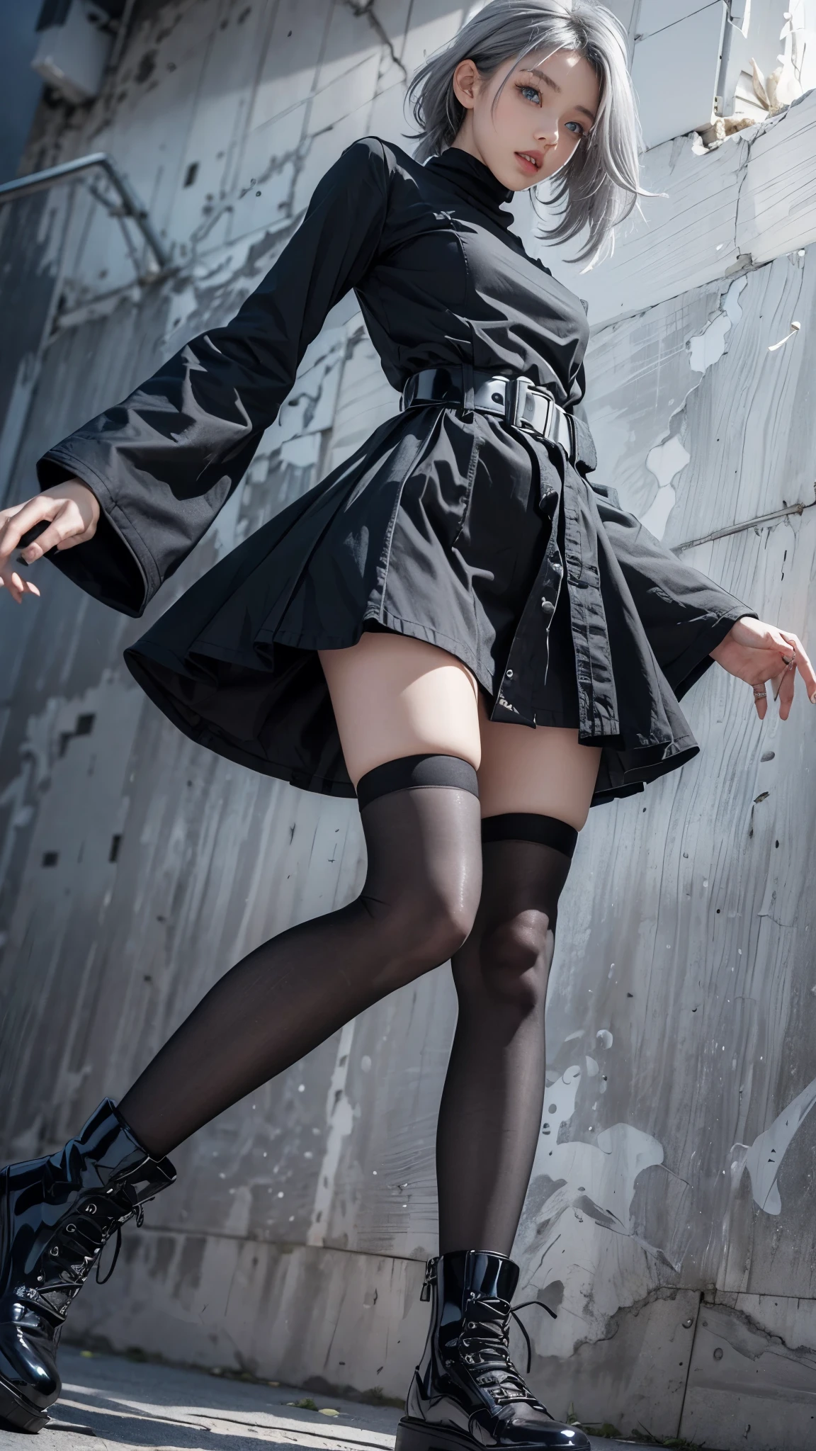 (anime:1.3), (all body, fashion portrait:1.6), ultra detailed, beautiful, masterpiece, best quality, _ BREAK (1girl:1.2), 22 years old, 160 cm, Japanese cute model, Tightened all body, large Breasts, small head, small face, diamond Face, small nose, Sharp Faceline, young hands and fingers, beautiful hands and fingers, five fingers, _ BREAK (Glossy Lips:1.3), (Light color lips, Half open mouth, beautiful Teeth:1.2), (dropy eyes, Double eyelid, Blue eyes:1.), _ BREAK (arranged hairstyle:1.3), (gray hair:1.3), _ BREAK (gray background:1.4), Fog, mist, _ BREAK (wide angle, from below:1.4), (standing:1.6), (model pose:1.6), (from front white lightning:1.4),
BREAK latex, Glossy, Liquid, rubber, BREAK (casual fashion and Cyber taste fashion), (black theme:1.4), baggy and baggy wear, baggy Waist line and baggy sleeve, baggy knit A-line dress, Scattered geometry, (long length muffler), BREAK (Socks with zettai ryouiki), boots taste Sneaker, (gray hair, blue eyes:1.4),