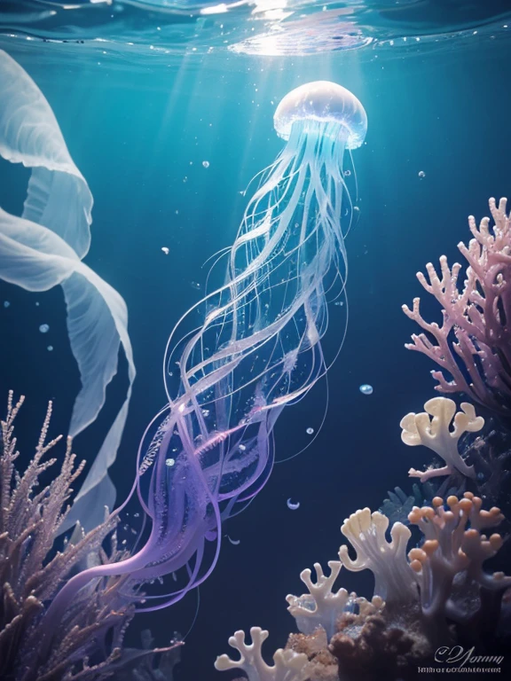 A jellyfish shining from the deep of the sea, very highly texture and extraordinary detail