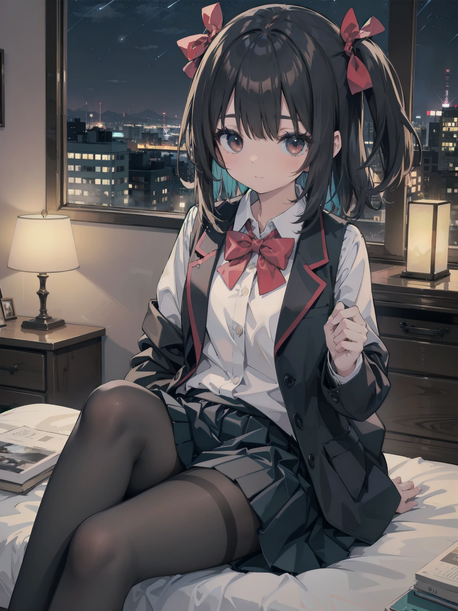 masterpiece, highest quality, High resolution, super detailed, 1 girl、solo、medium hair、braid、colorful hair,one side up,parted bangs,side lock,hair ribbon,Jacket,black Jacket,open Jacket,red bow tie,vest,brown vest,shirt,white shirt,short sleeve,shorter than long sleeve,skirt,black skirt,pantyhose,brown 黒色のpantyhose,Argyle Legwear,indoor,sitting,bed,blush,(embarrassing:1.2),(night:1.4),